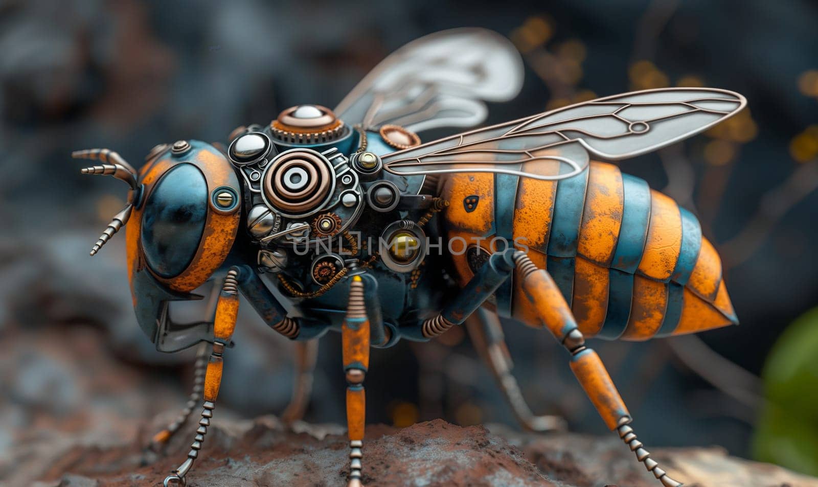 Mechanical bee on an abstract background. Selective focus.