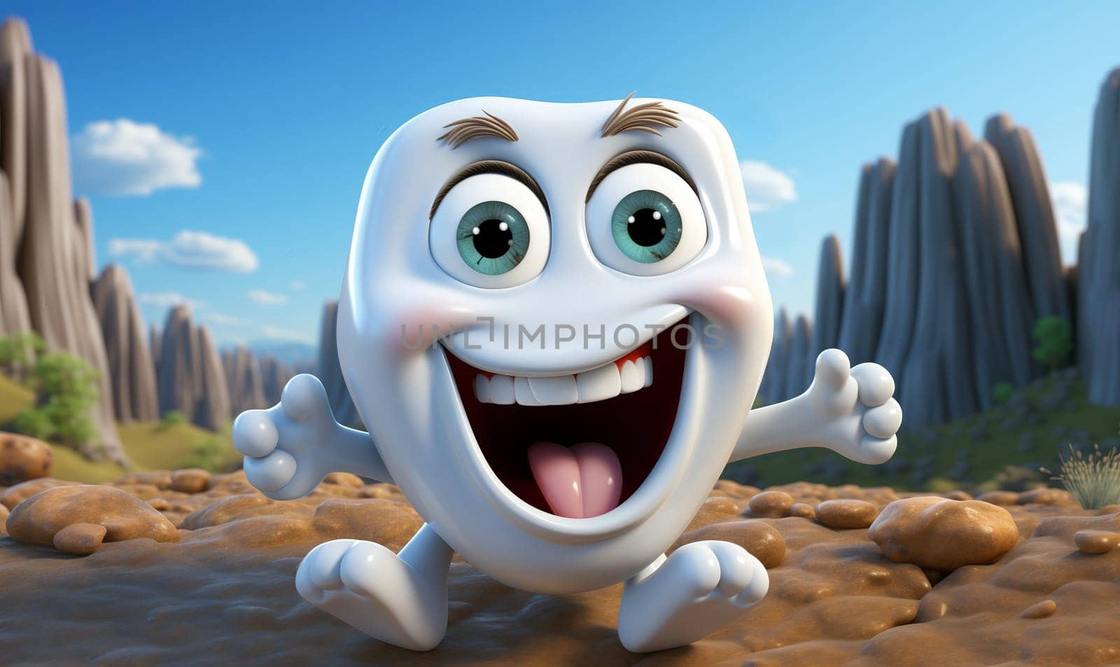 White cheerful cartoon character with big eyes. Selective focus.