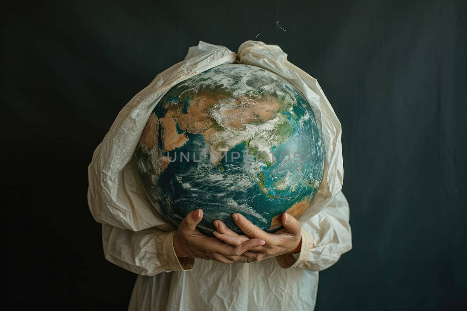 The picture of the person that has been holding the earth globe that come with the plastic bag that can stand for multiple meaning like protect the earth or keep the earth from plastic bag. AIGX01.