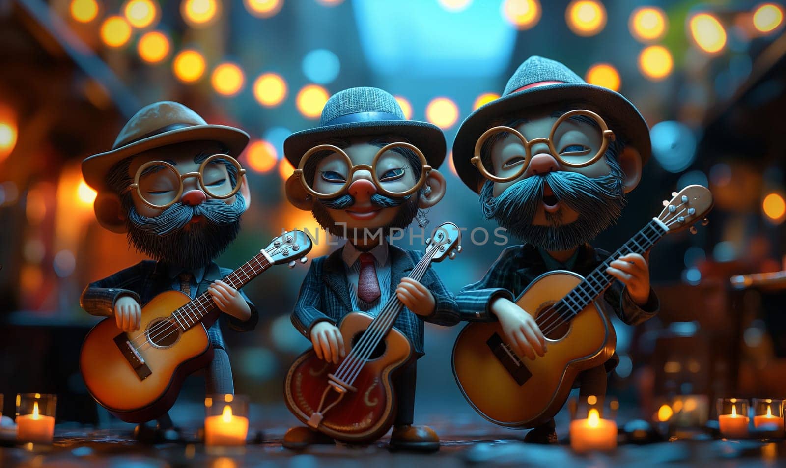 Three cartoon musicians play guitars together. Selective focus.