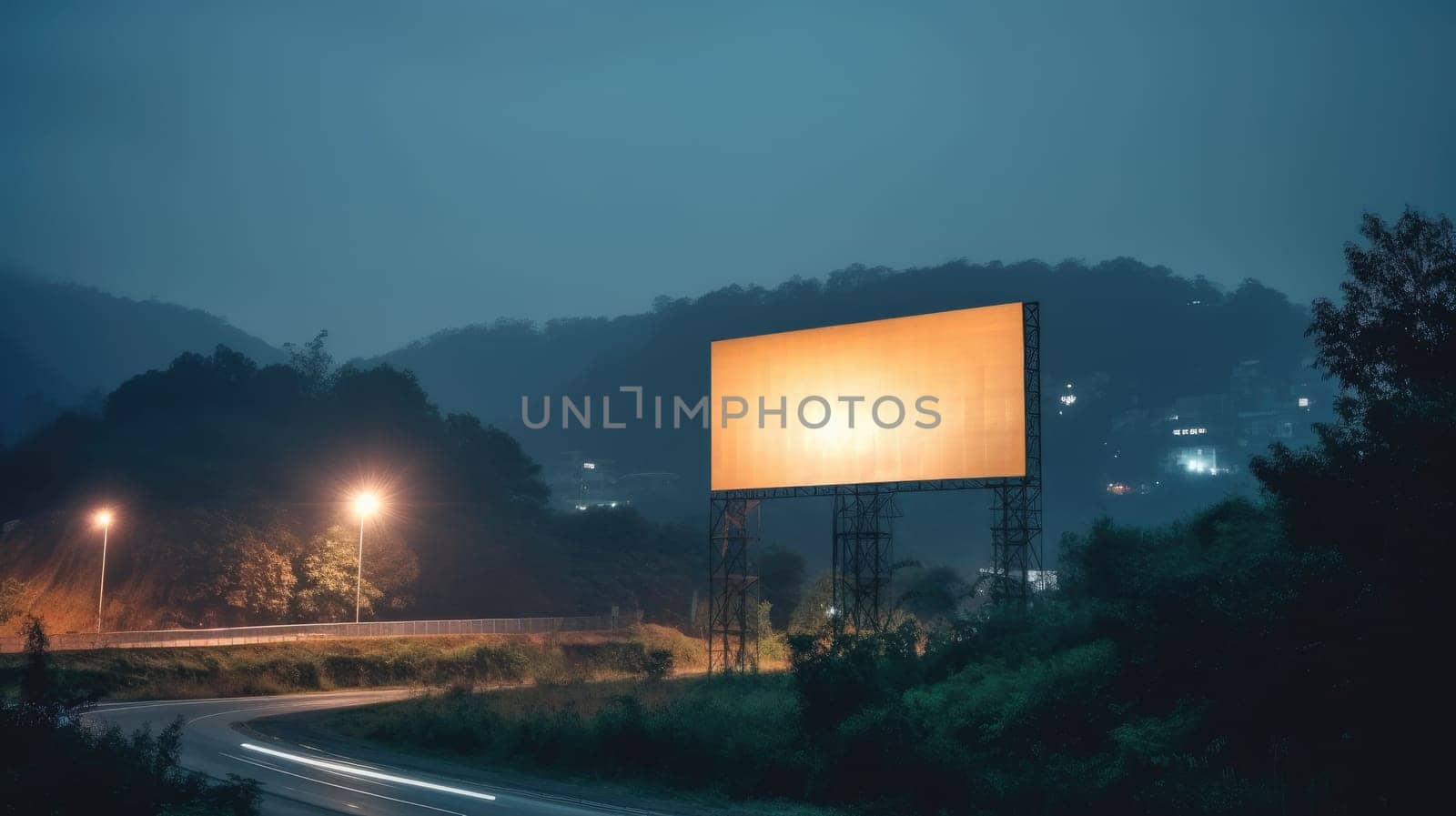 Billboard on a misty night street with city lights. Moody urban background with advertising space. The billboard advertisement, with a white background and a black border at night on highway. AIG35.