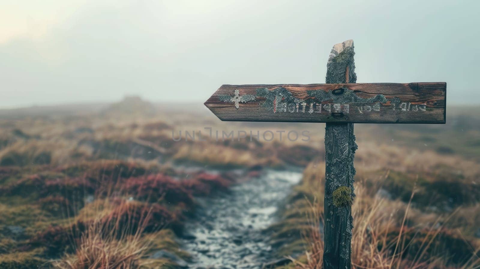 A wooden sign with a cross symbol and religious font, pointing right in a field under a sky. It blends art with natural landscape, resembling a twig in a cemetery AIG50