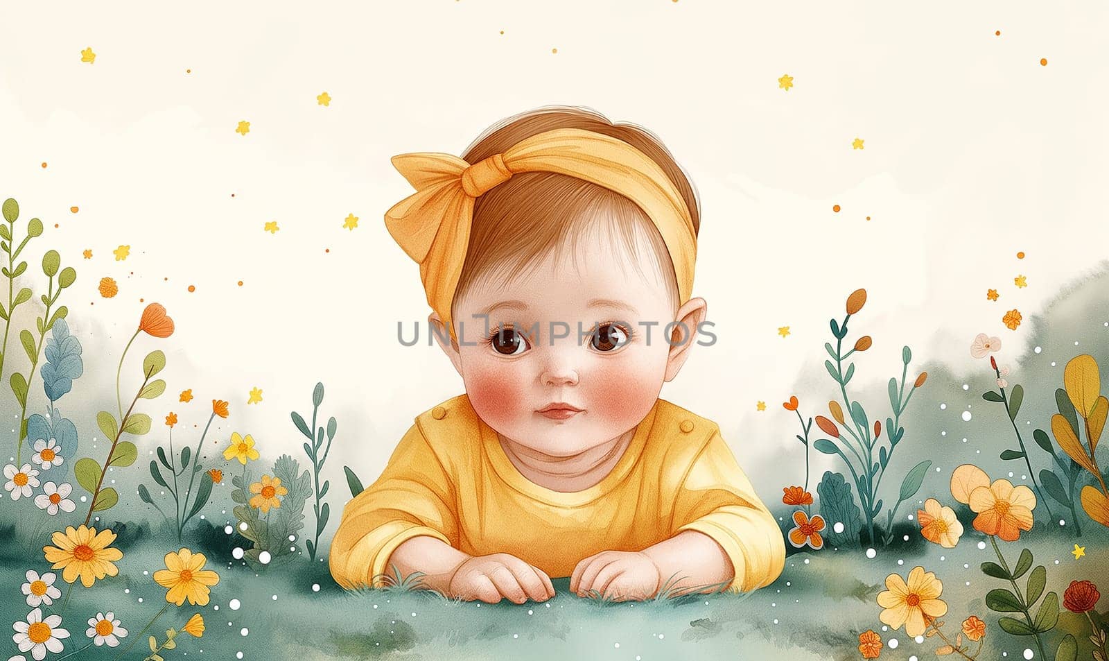 Toddler Among Blooming Flowers. Selective focus.