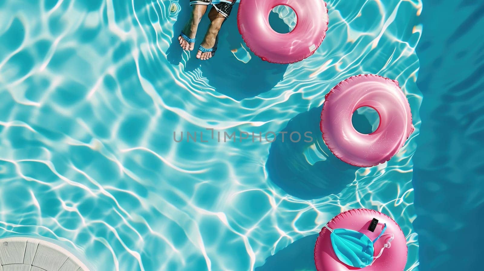 Three liquid floats in electric blue and azure colors are drifting in the swimming pool, creating an artful pattern resembling petals AIG50