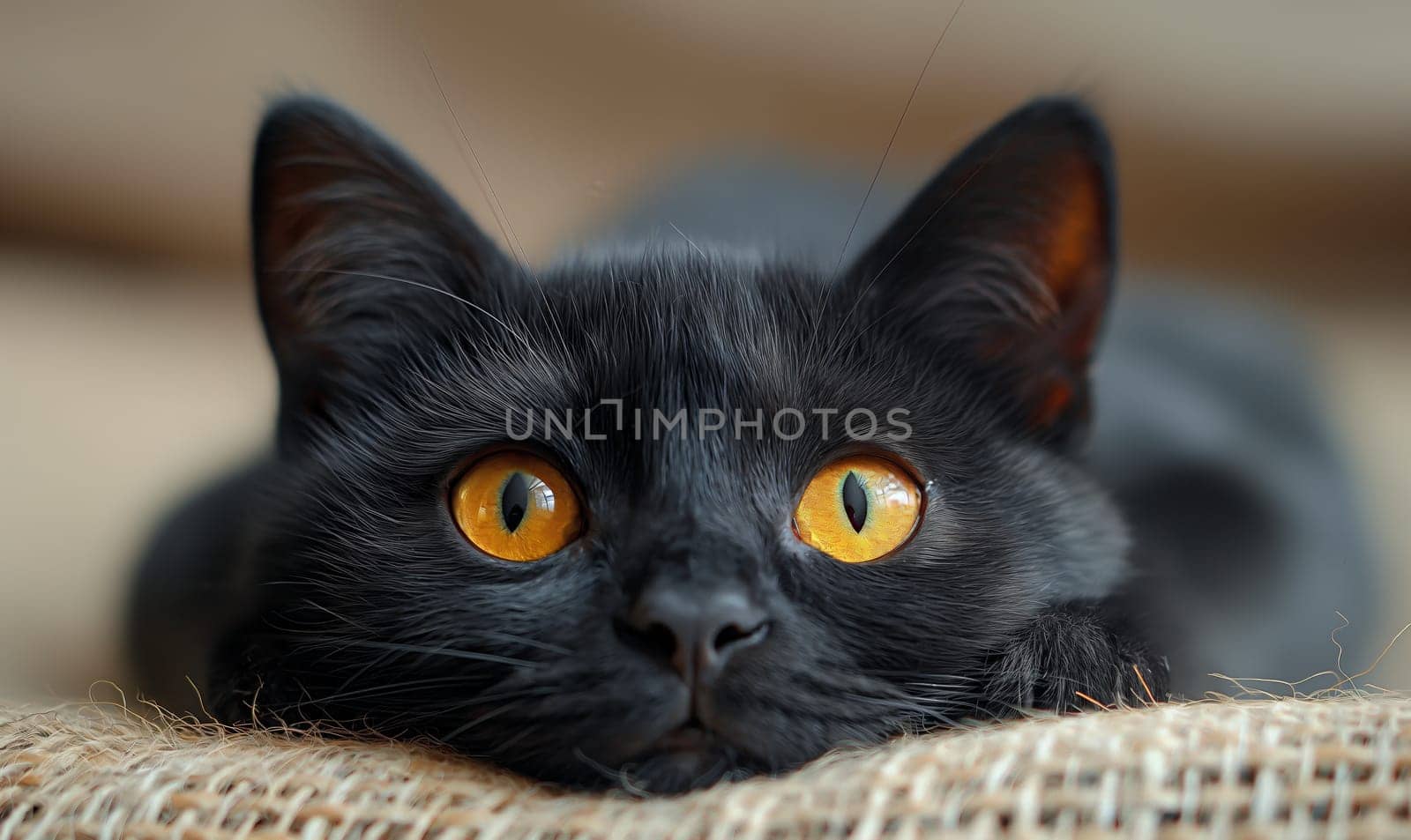 A detailed view of a black cat with striking yellow eyes. Selective focus.