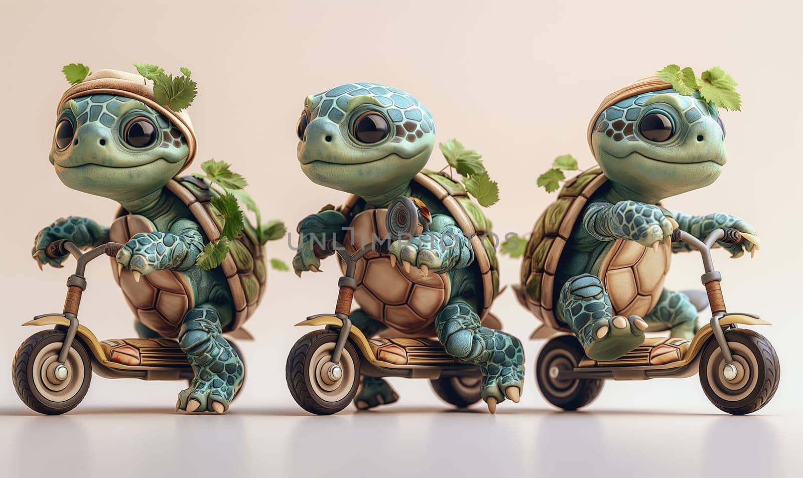 Cartoon, little turtles joyfully ride a scooter. Selective focus.