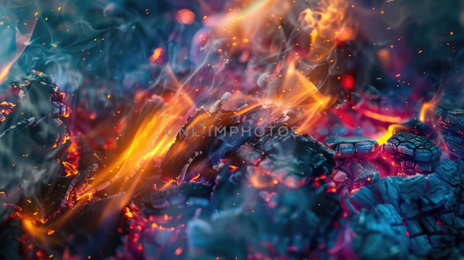 A close-up of lively flames and embers from a summer bonfire. AIG50