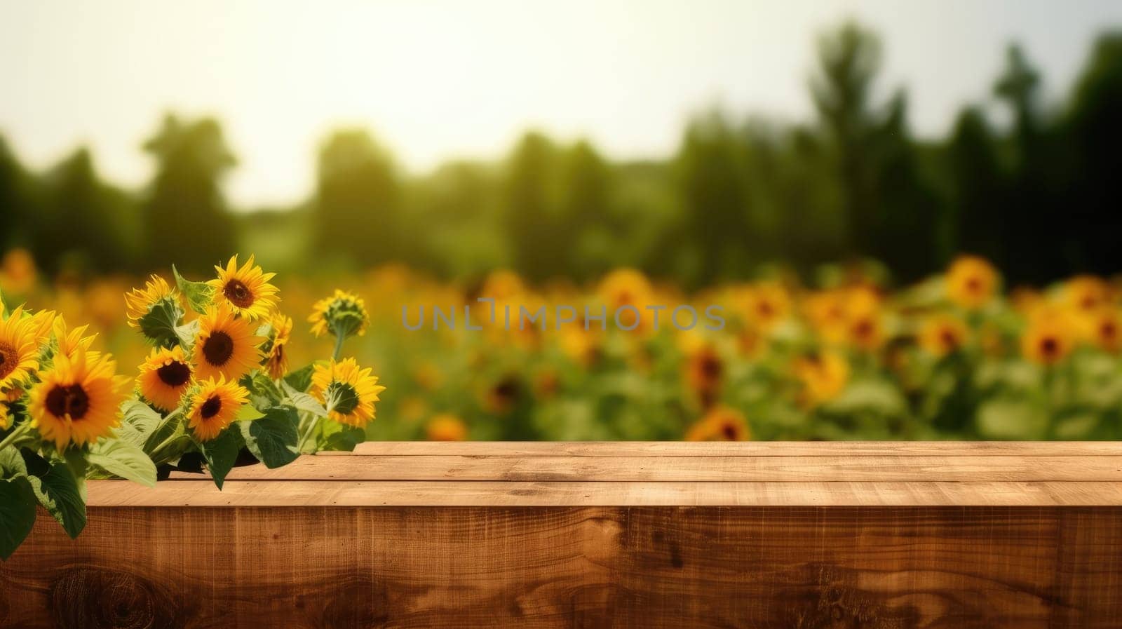 Bright sunflowers on wooden table with soft-focus garden background. Sunflower garden with grass planted behind wooden table with blurring background. Summer bloom and nature with copy space. AIG35.