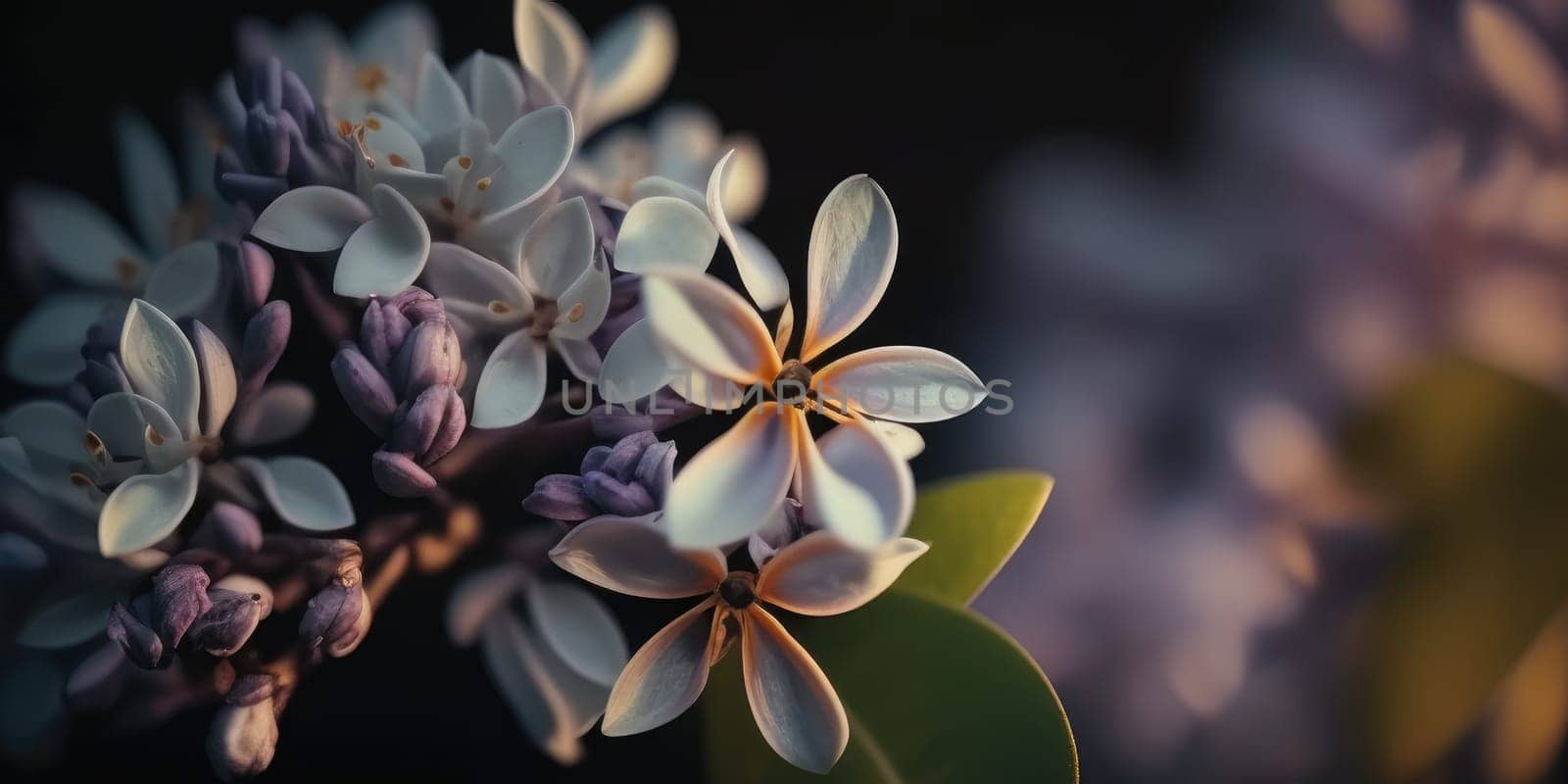 A close up image of a white flower with purple edges on a dark background. AIG51A.