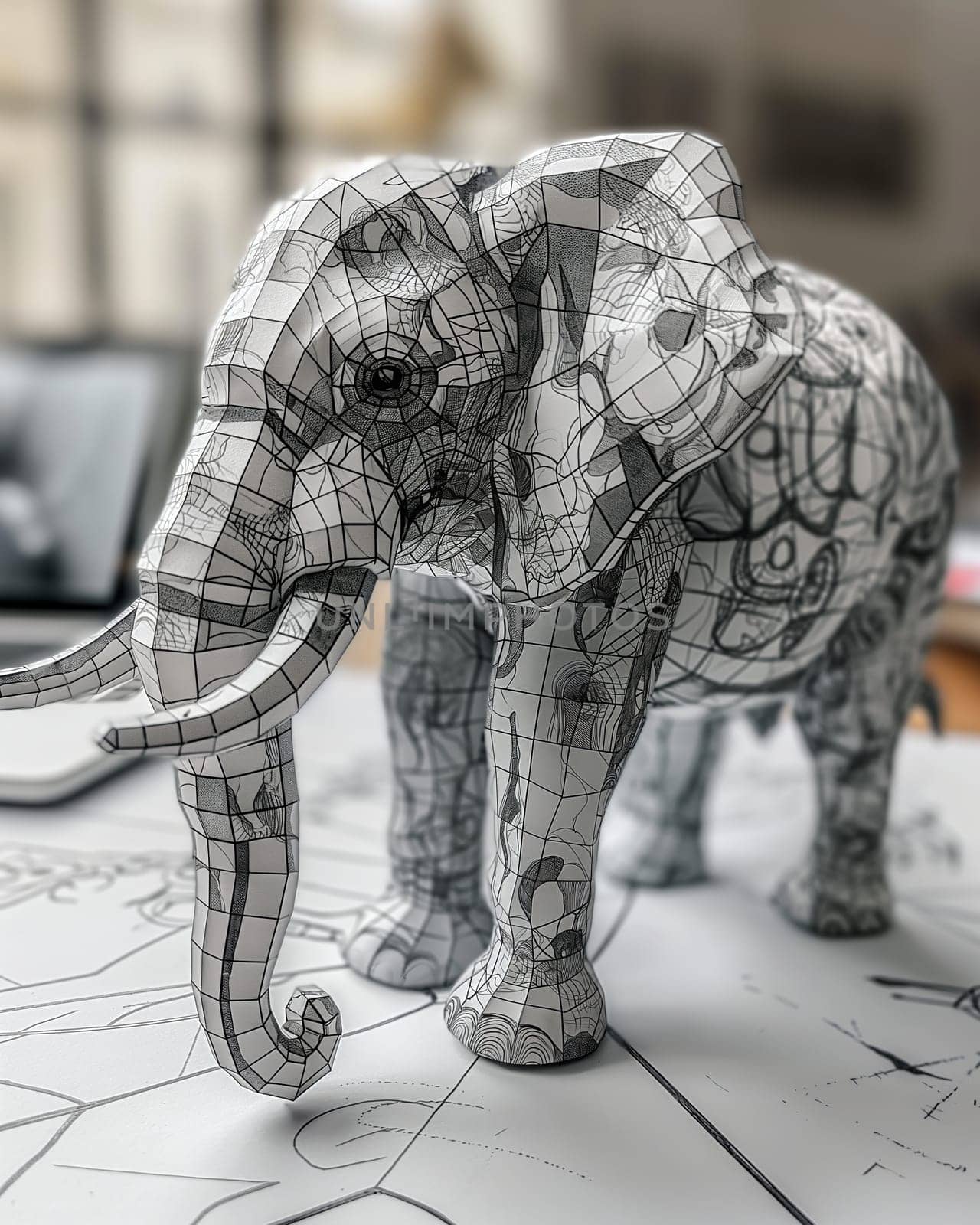 Wireframe Elephant Design in Modern Office. Selective focus.