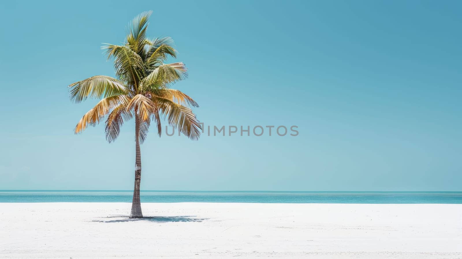 A palm tree stands on the sandy beach near the vast ocean, under a clear blue sky with fluffy clouds, adding to the beautiful coastal natural landscape AIG50
