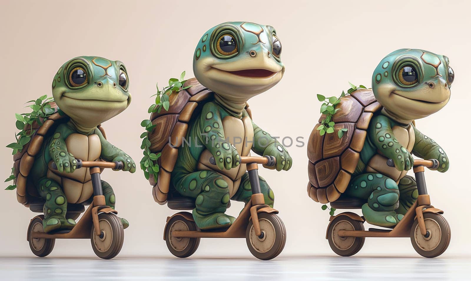 Cartoon, little turtles joyfully ride a scooter. by Fischeron