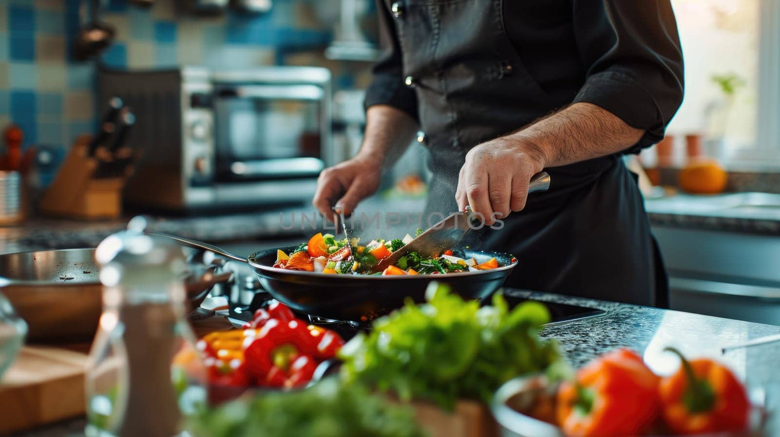 A gourmet kitchen scene, chef preparing a meal, fresh ingredients on the counter, modern appliances, representing culinary art and lifestyle. Resplendent.