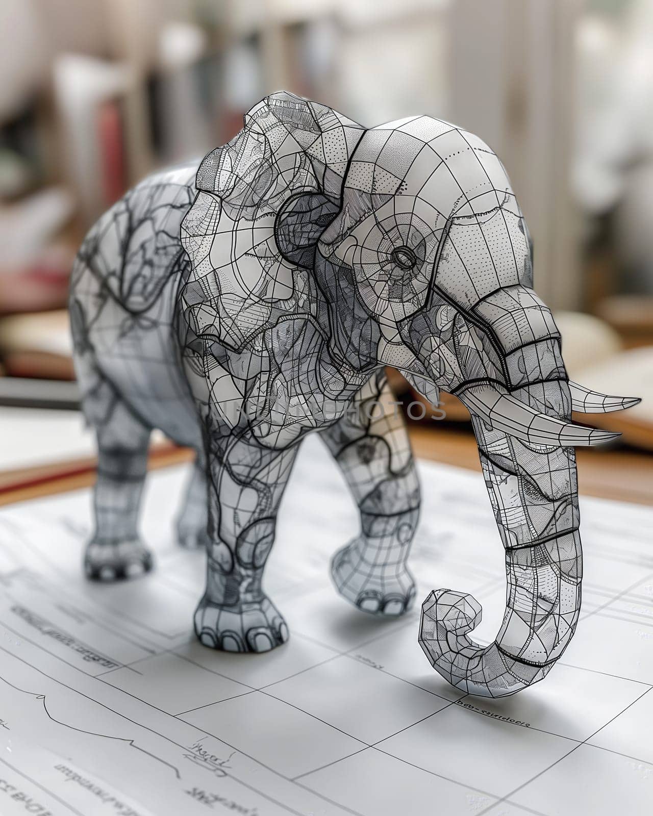 Wireframe Elephant Design in Modern Office. Selective focus.