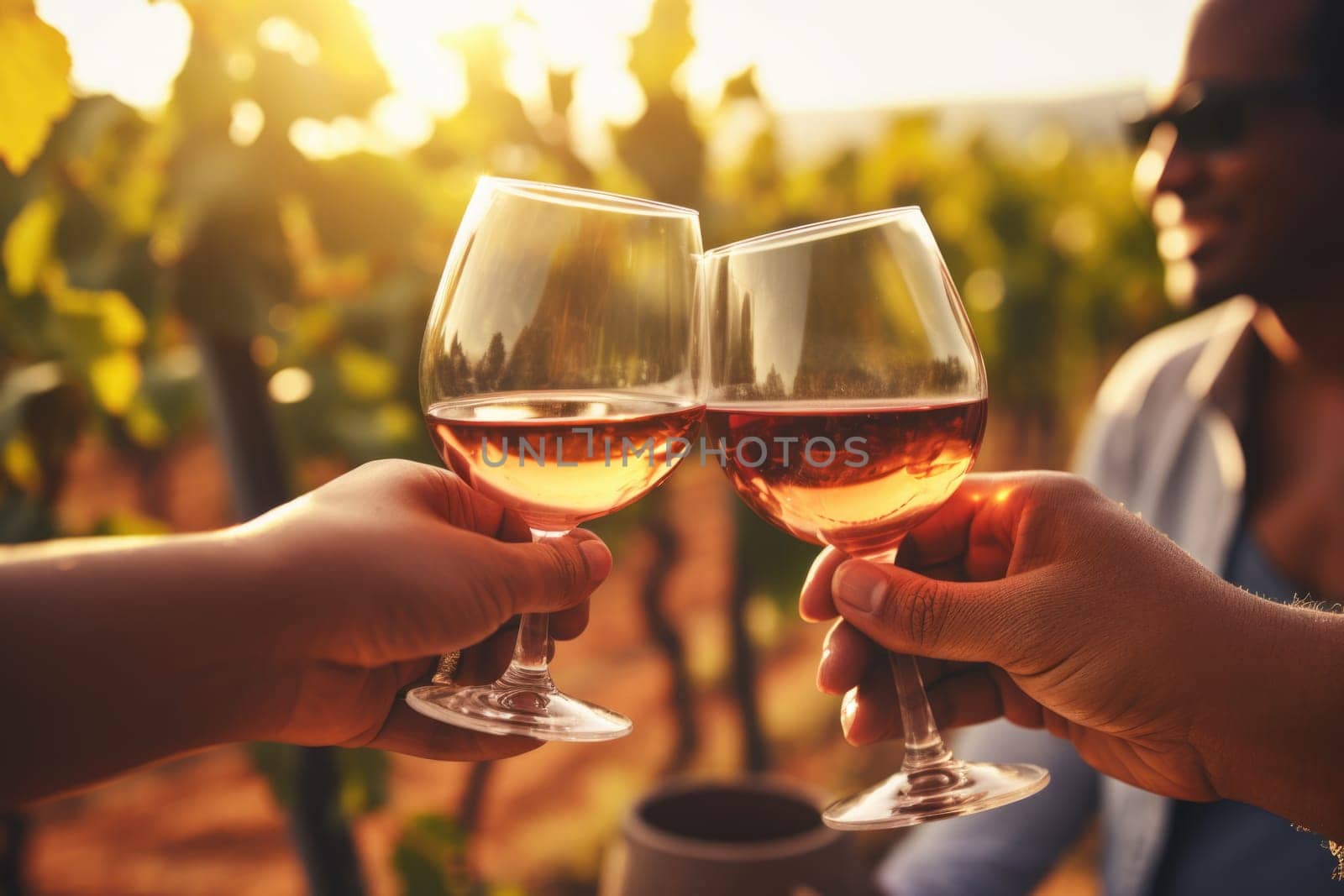 Group of friends gathering for wine tasting in countryside vineyard in summer harvesting season cheering and toasting with friendship comeliness