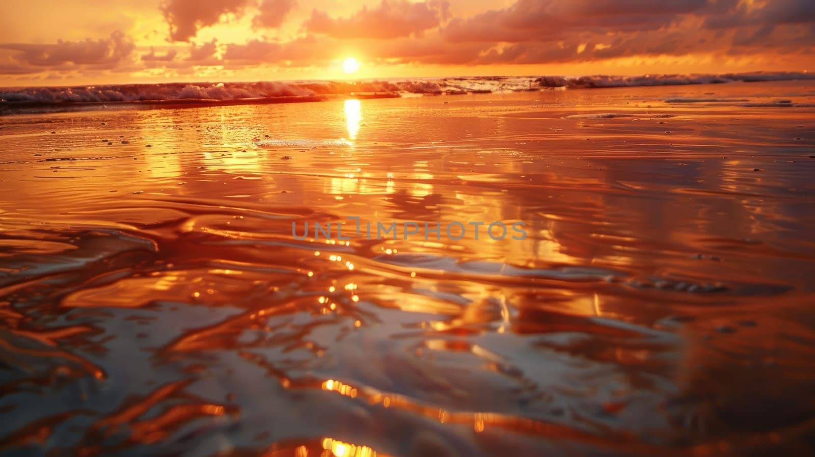 The afterglow paints the sky in shades of orange as the sun sets over the ocean, casting a golden hue on the crashing waves along the natural landscape of the beach AIG50