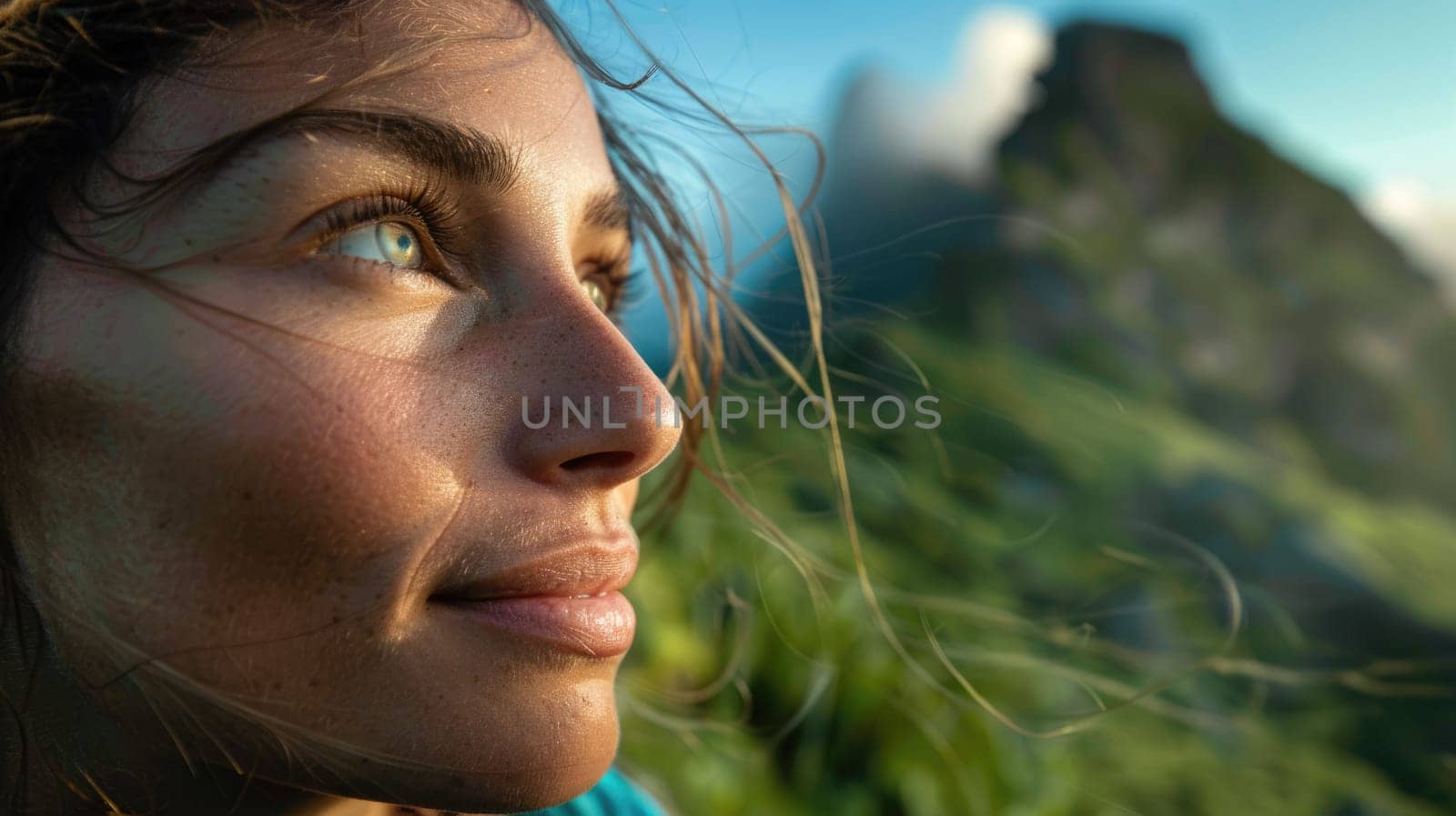 A close up of a womans face with a happy smile standing on top of a mountain, with grass and trees in the background under a clear blue sky AIG50