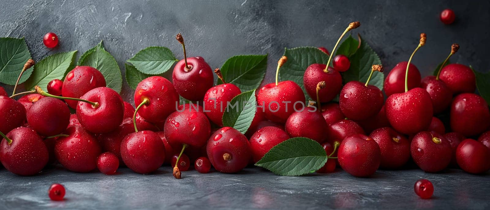 Fresh Red Cherries on Dark Surface. by Fischeron