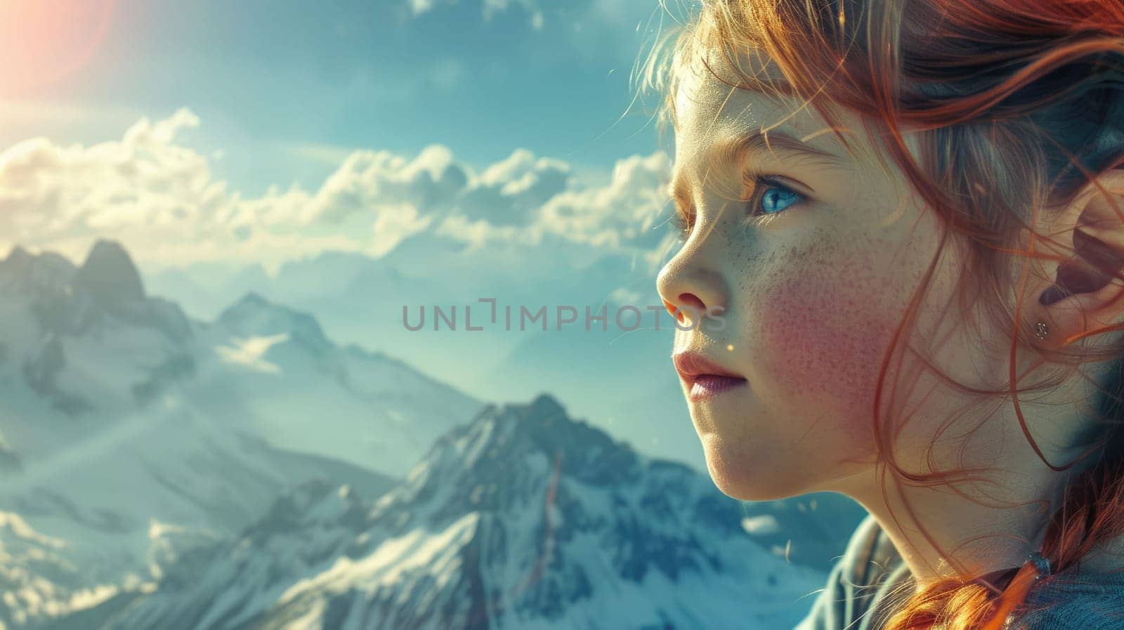 A young girl in contemplation, looking at a majestic mountain landscape under a clear blue sky. AIG50