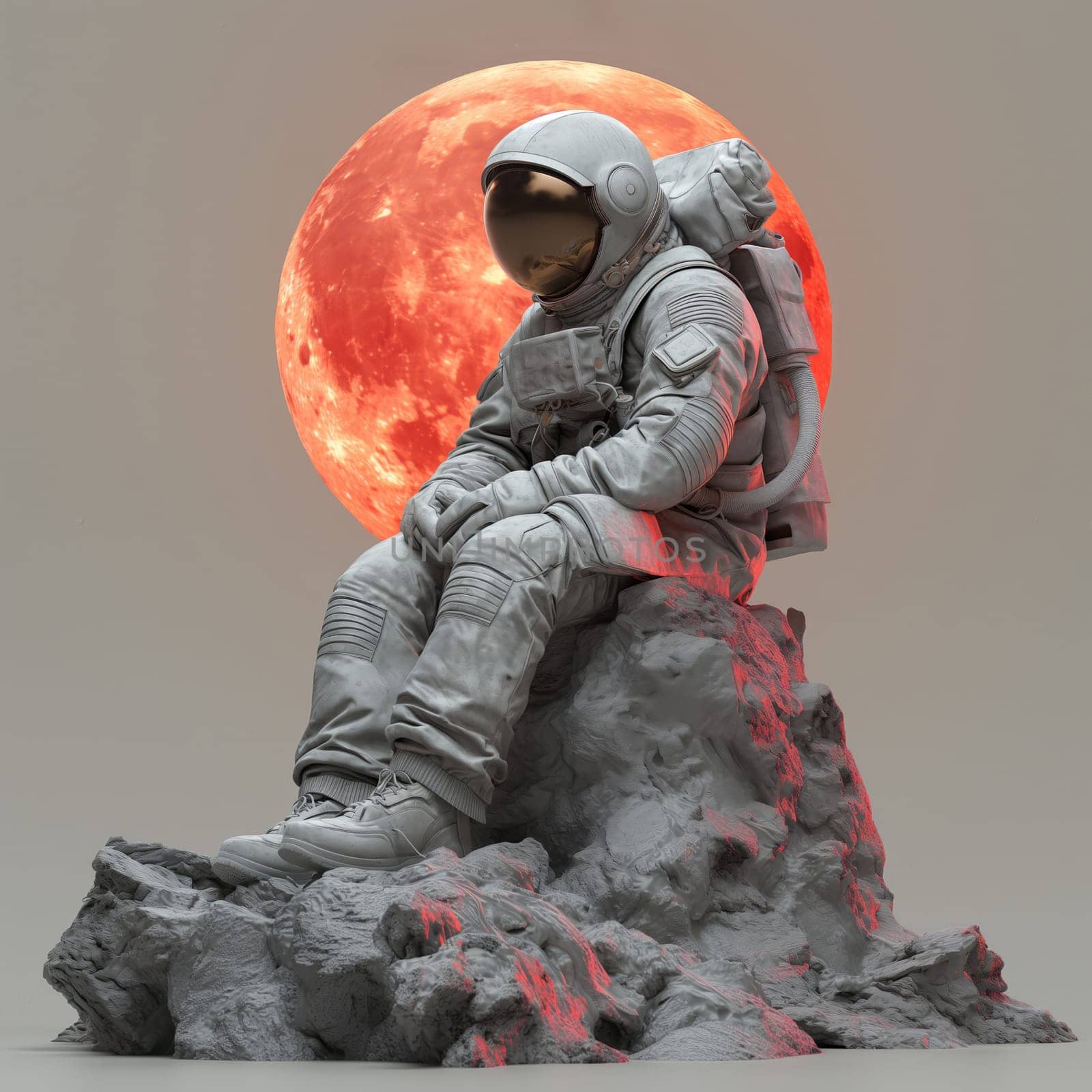 Astronaut on Rock, Moon Background. Selective soft focus.