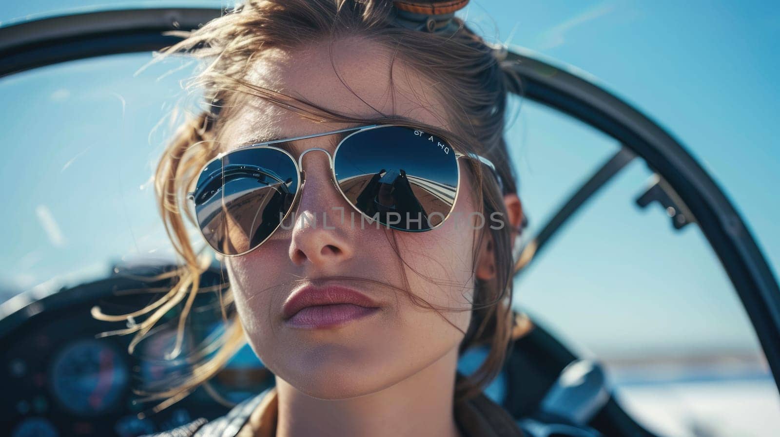 A woman with sunglasses and headphones is sitting in the cockpit of a plane, her face hidden behind the goggles. Her hair is pulled back as she prepares for takeoff AIG50