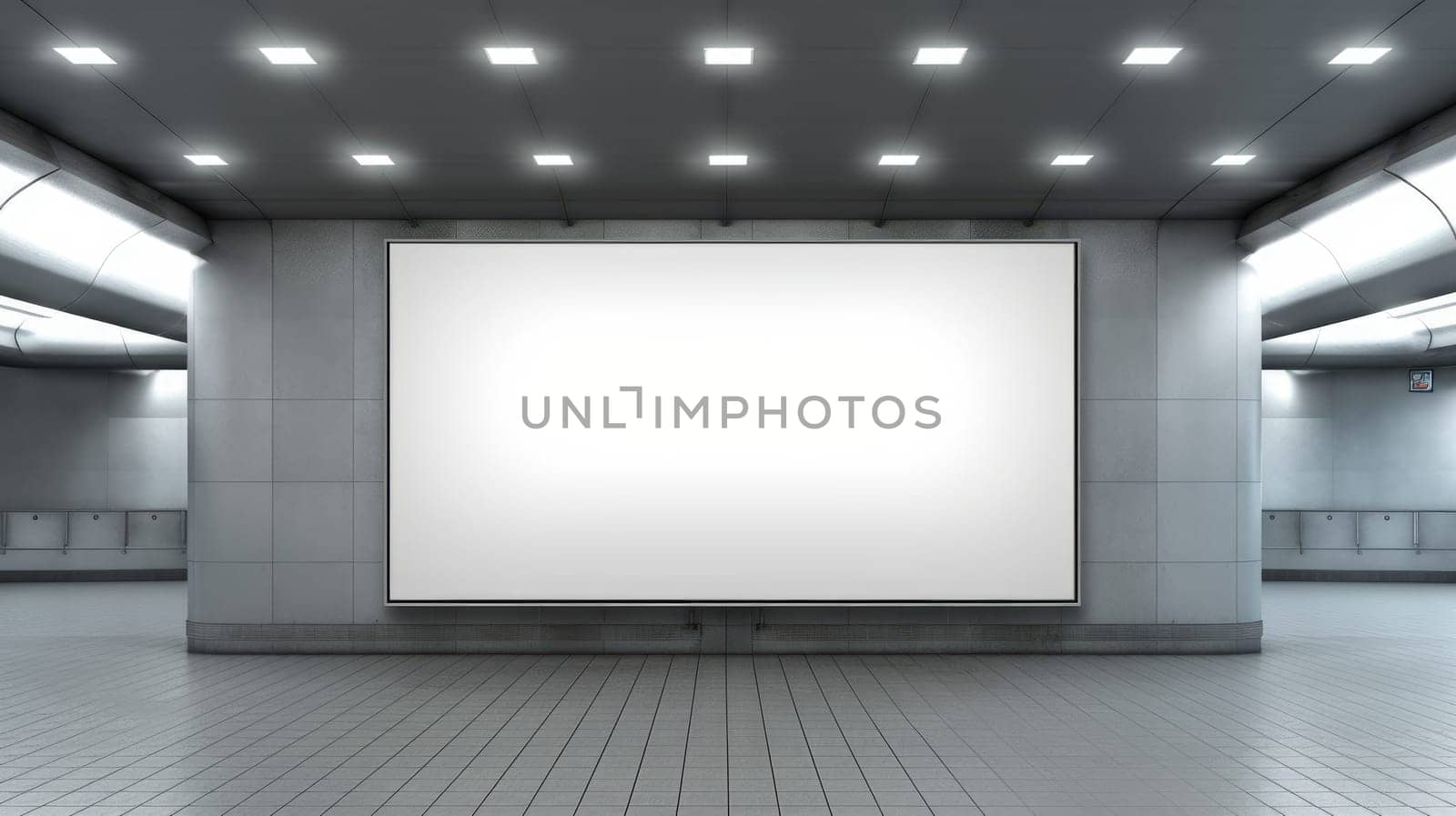 Blank white billboard in a subway station with tiled walls and a gritty, urban atmosphere. Billboard is rectangular and made of white metal and handing on wall. Copy space. Public transport. AIG35.