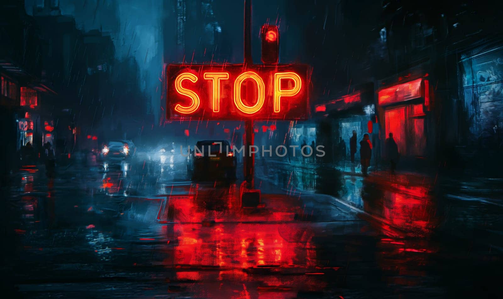 Illuminated Stop Sign at Dusk in the Rain. Selective focus.