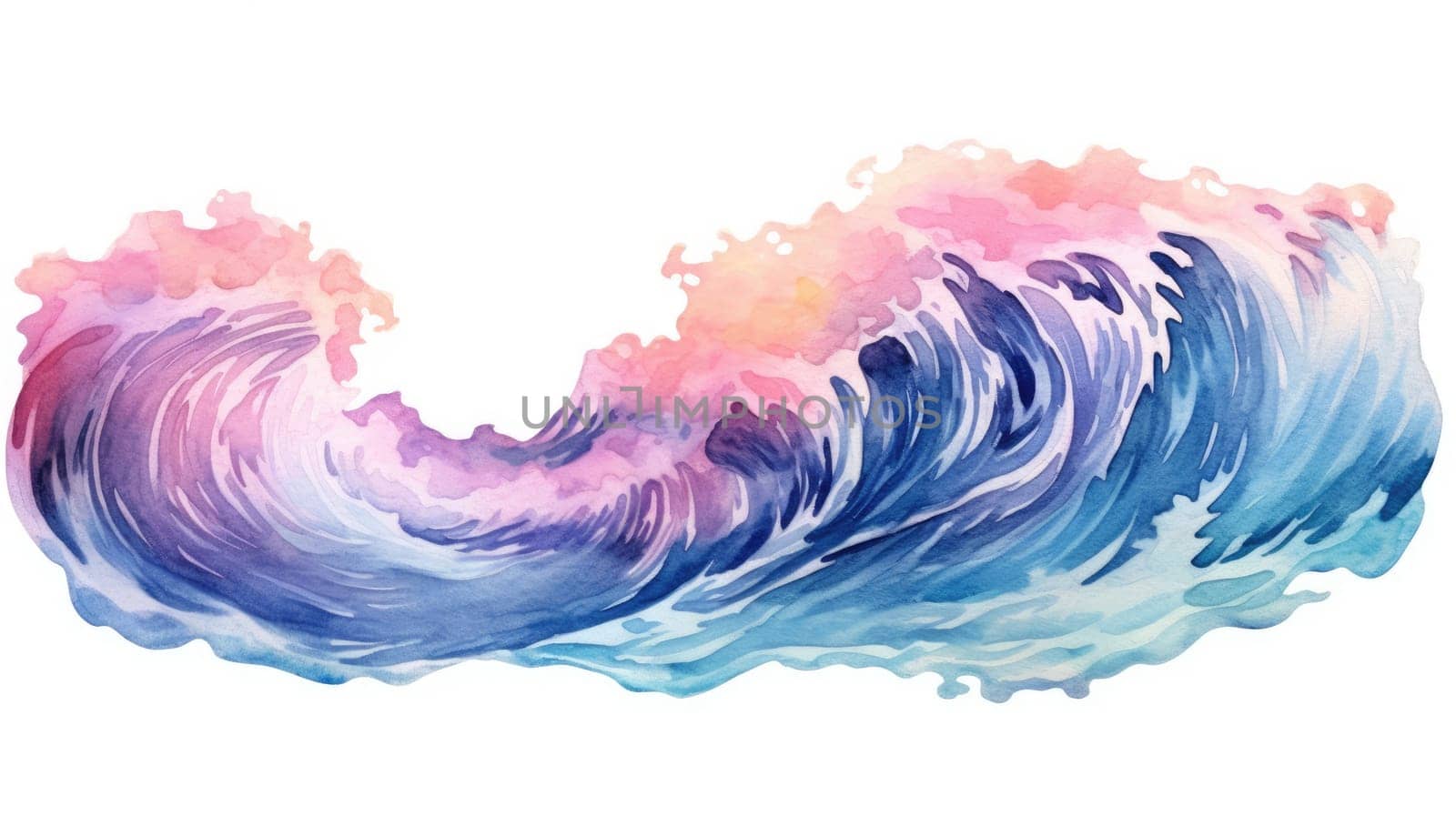Watercolor wave image in blue and peach tones. Abstract artwork of ocean wave with pastel watercolor and separated white background in vibrant brushstroke. Abstract ocean and summer concept. AIG35.