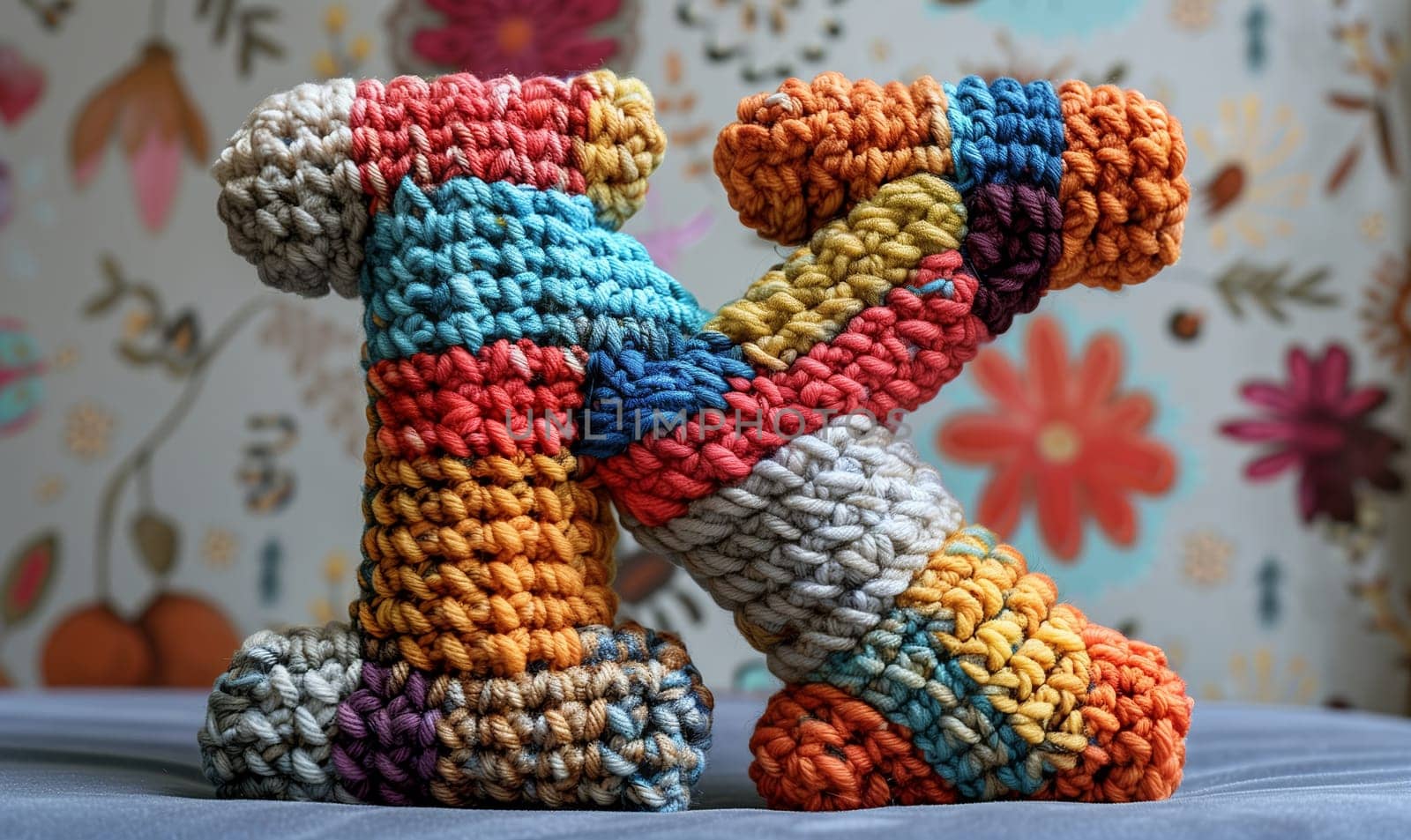 Knitted colored letter K on an abstract background. Selective focus.