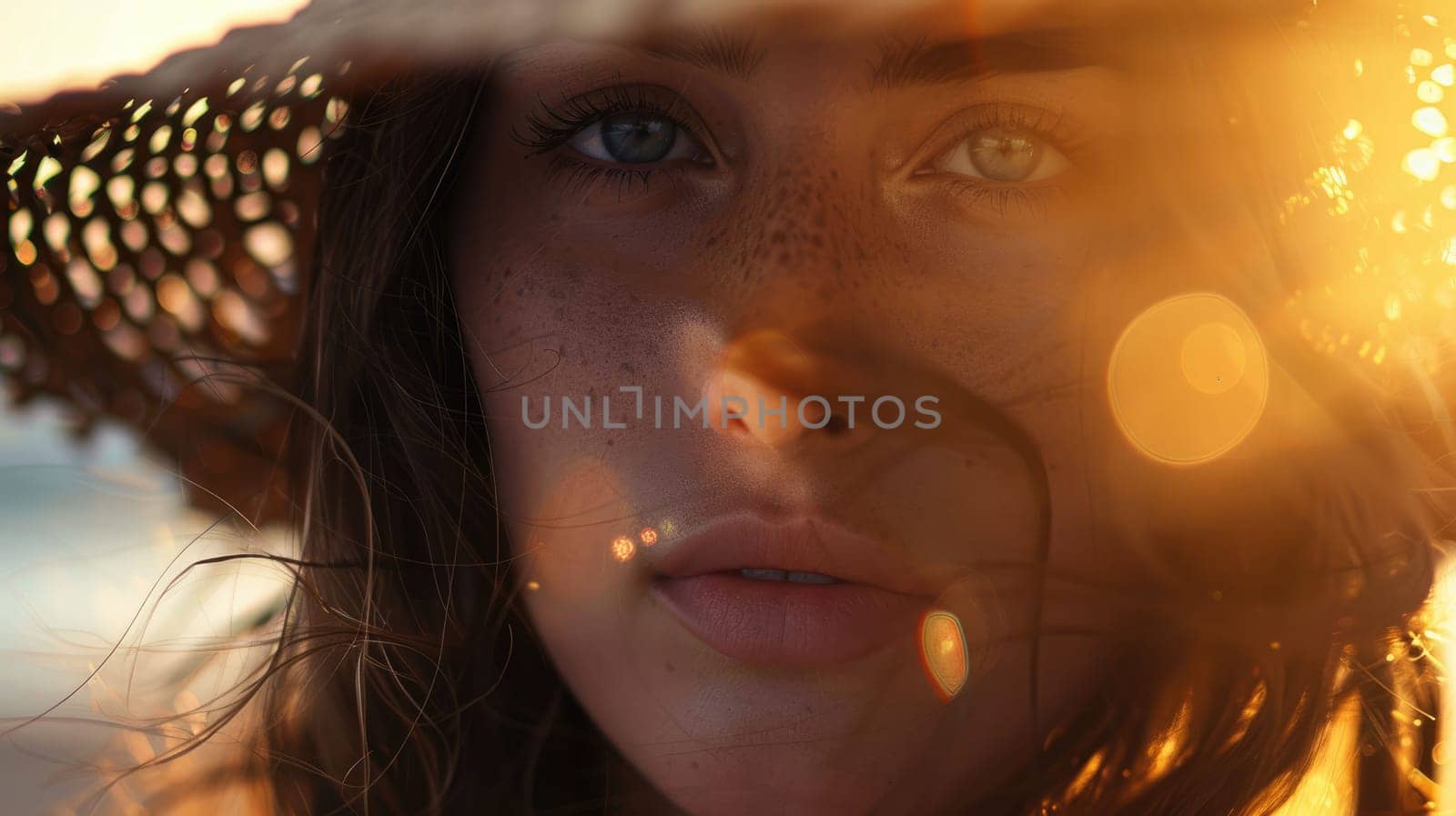A closeup shot capturing the sun shining through a womans hat, highlighting her nose, eyebrows, eyelashes, and jaw. She looks happy and exudes beauty and fun with this fashion accessory AIG50