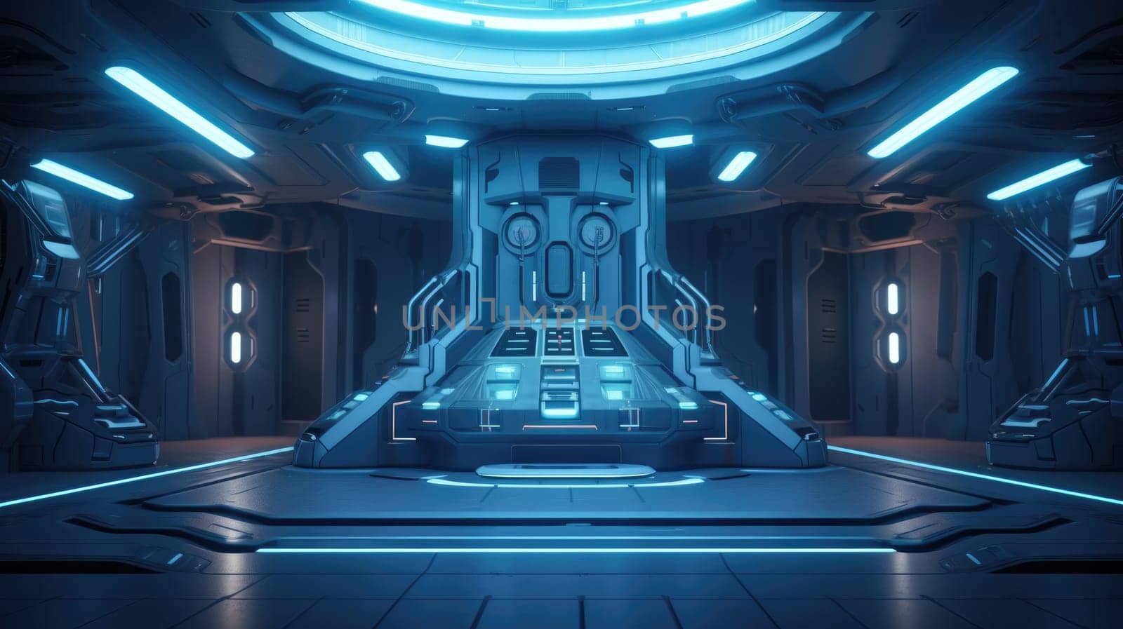 Futuristic corridor with circular architecture in a sci-fi spaceship. Image of modern corridor of spacecraft interior with bright blue light. Concept for advanced technology and space travel. AIG35.