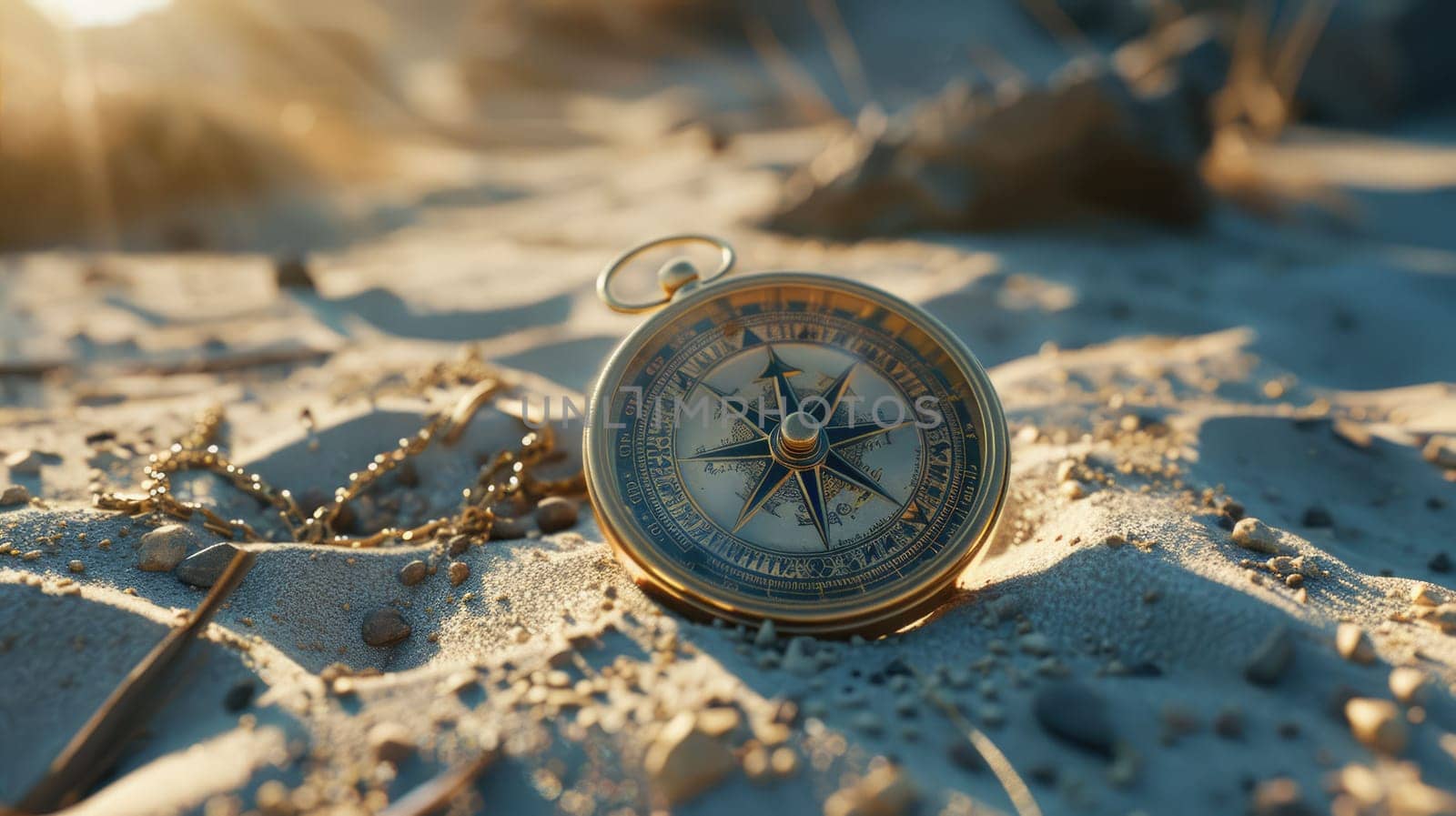 An automotive tire rests on a bed of soil, surrounded by a circle of wood and metal. A compass lies on top, set against a landscape of electric blue water and art AIG50