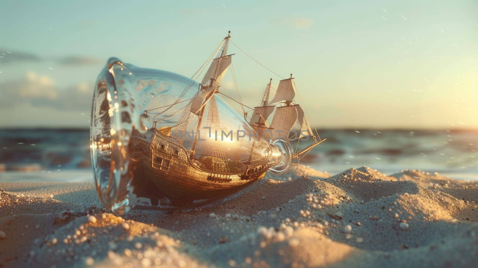 A wooden bottle with a miniature boat inside rests on the sandy soil. Nearby, a tree trunk lies on the natural landscape, surrounded by terrestrial plants and bedrock AIG50