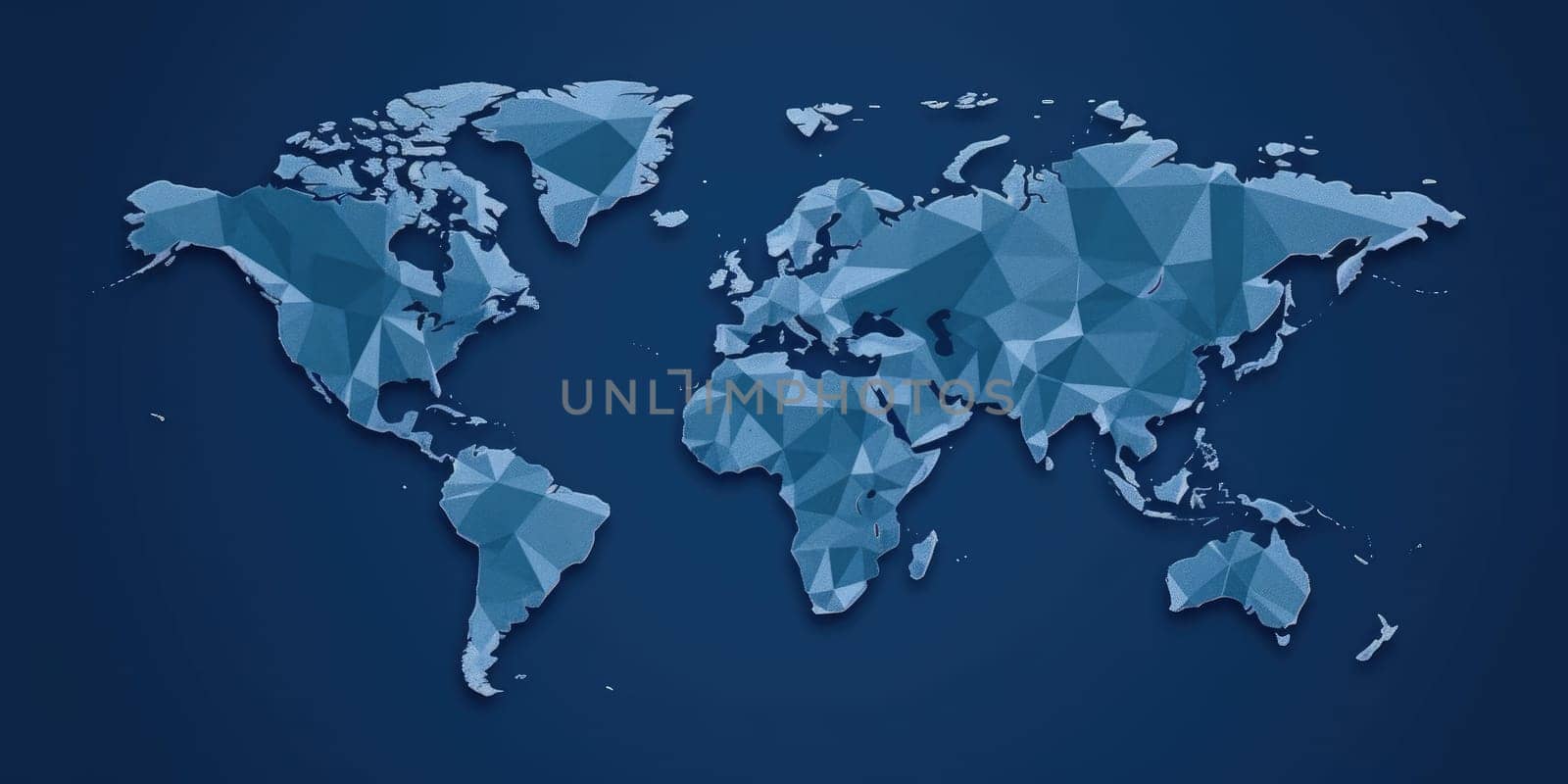 Digital art of stylized low-poly world map in shades of blue. World map icon with blue color show continent and country. Abstract representation for global connectivity and geography theme. AIG35.