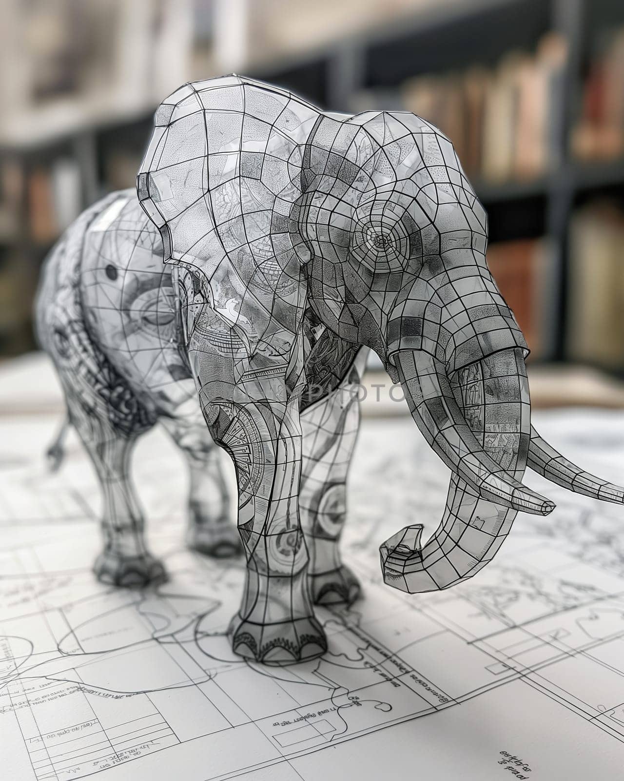 Wireframe Elephant Design in Modern Office. Selective focus.