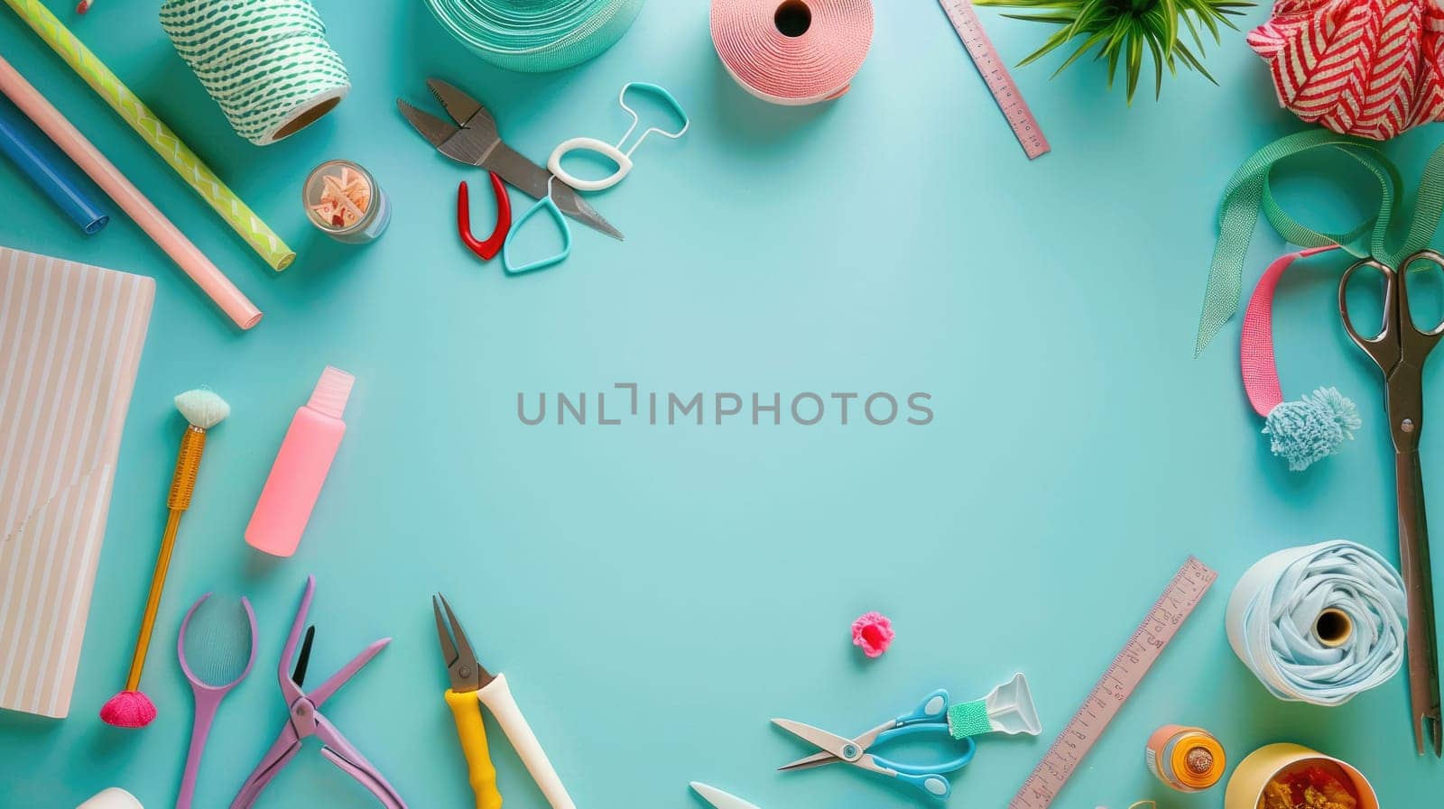 The table is adorned with a mix of plants, yarn, and various decorative items, creating a charming display of plant, flower, and tableware AIG50
