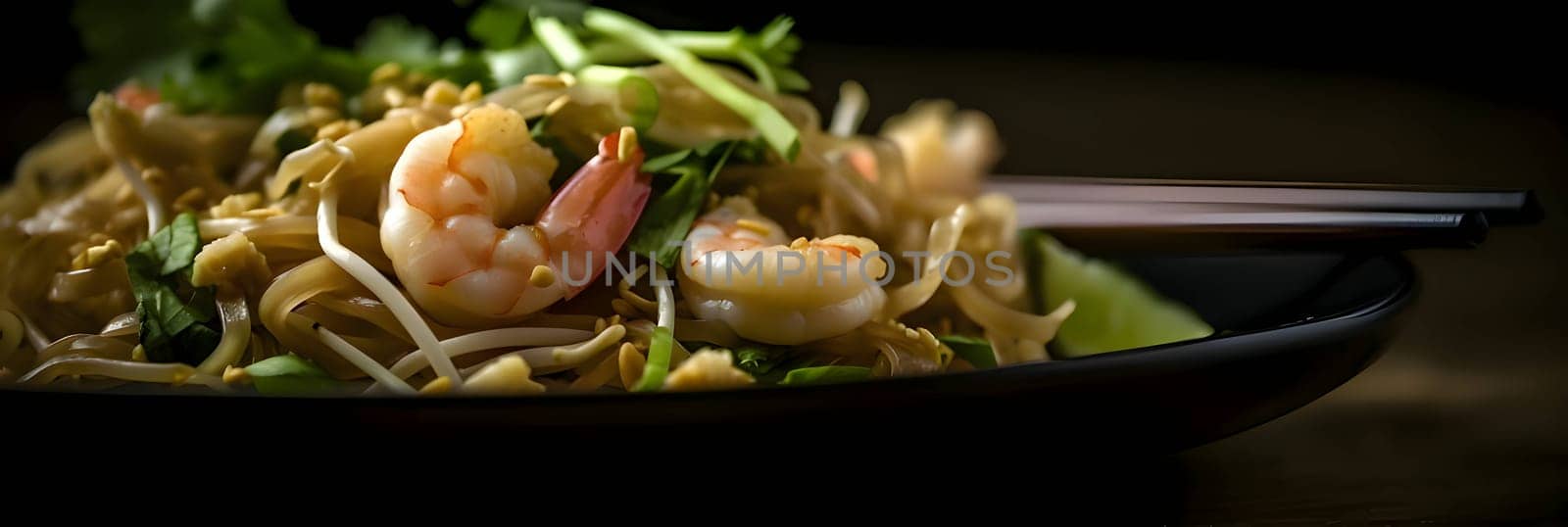 A vegetable dish with shrimp on the platter, close-up photo. by ThemesS