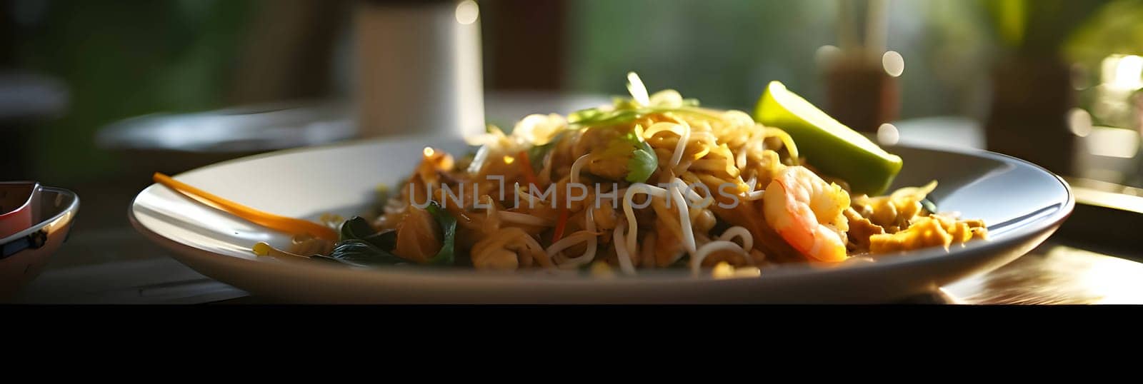 A side photo captures a platter of vegetable dish with shrimp, set on a table with a blurred background, highlighting the dish's delicious details.