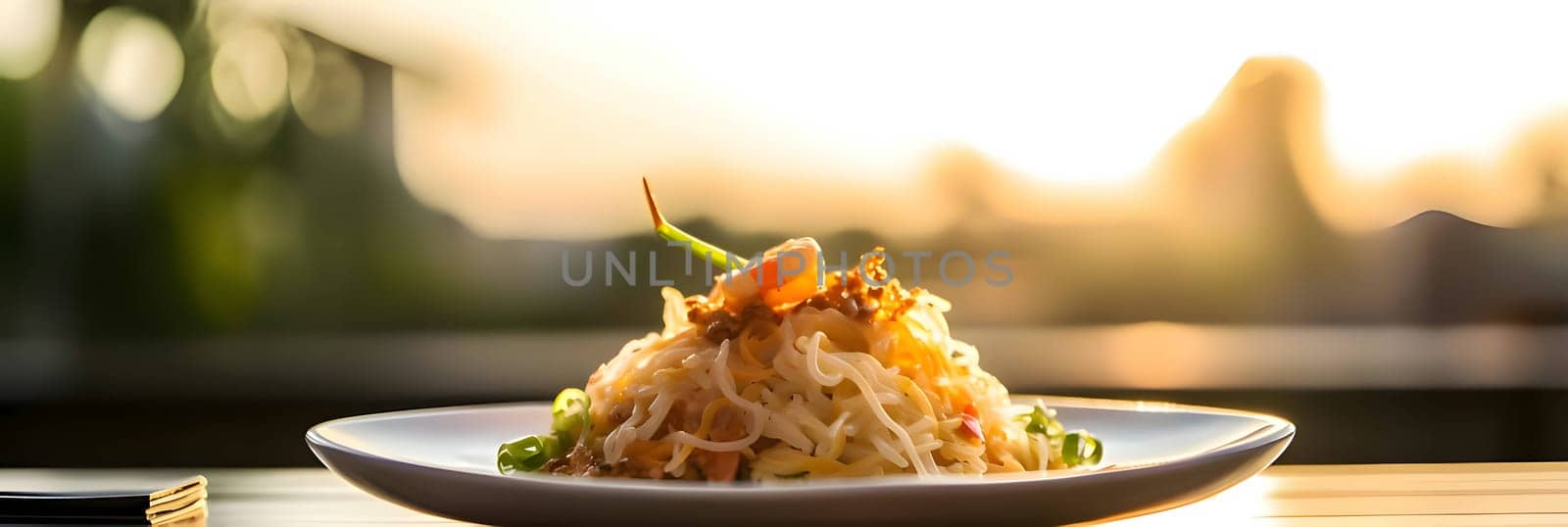 A side photo captures a platter of vegetable dish with shrimp, set on a table with a blurred background, highlighting the dish's delicious details.