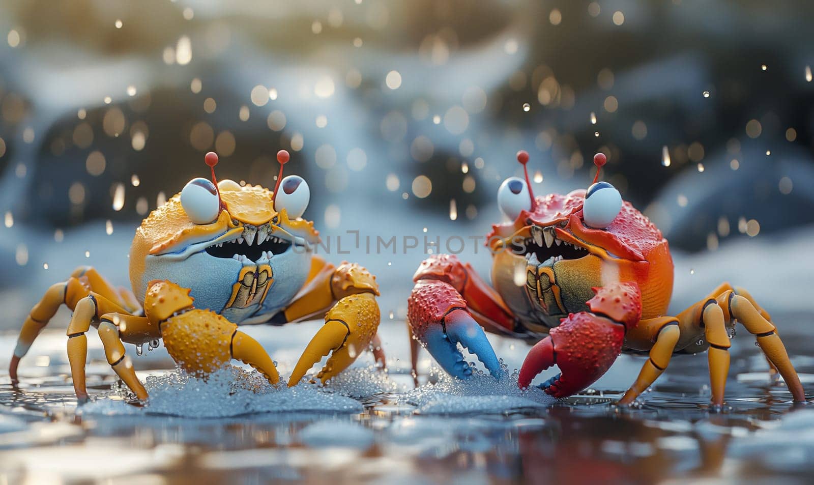 Cartoon, 3D, two crabs walking in the water along the shore. Selective focus.