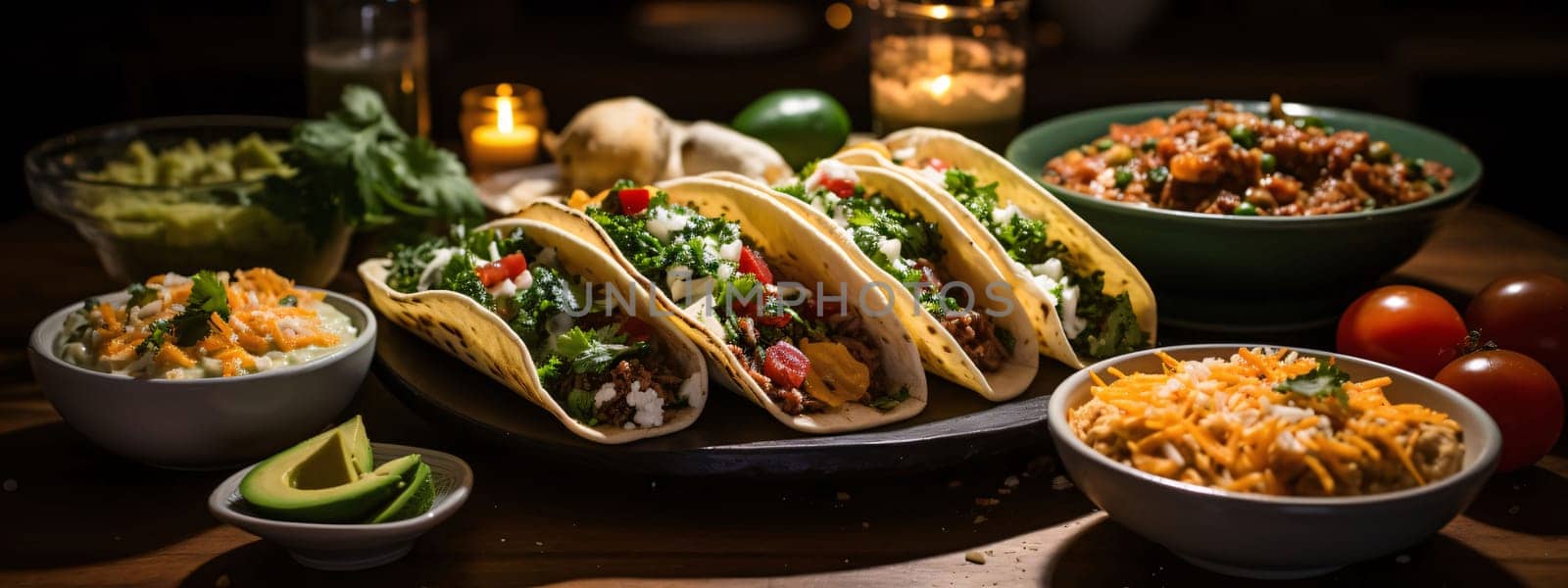 Mexican tacos with beef, vegetables and salsa on wooden table. by ThemesS