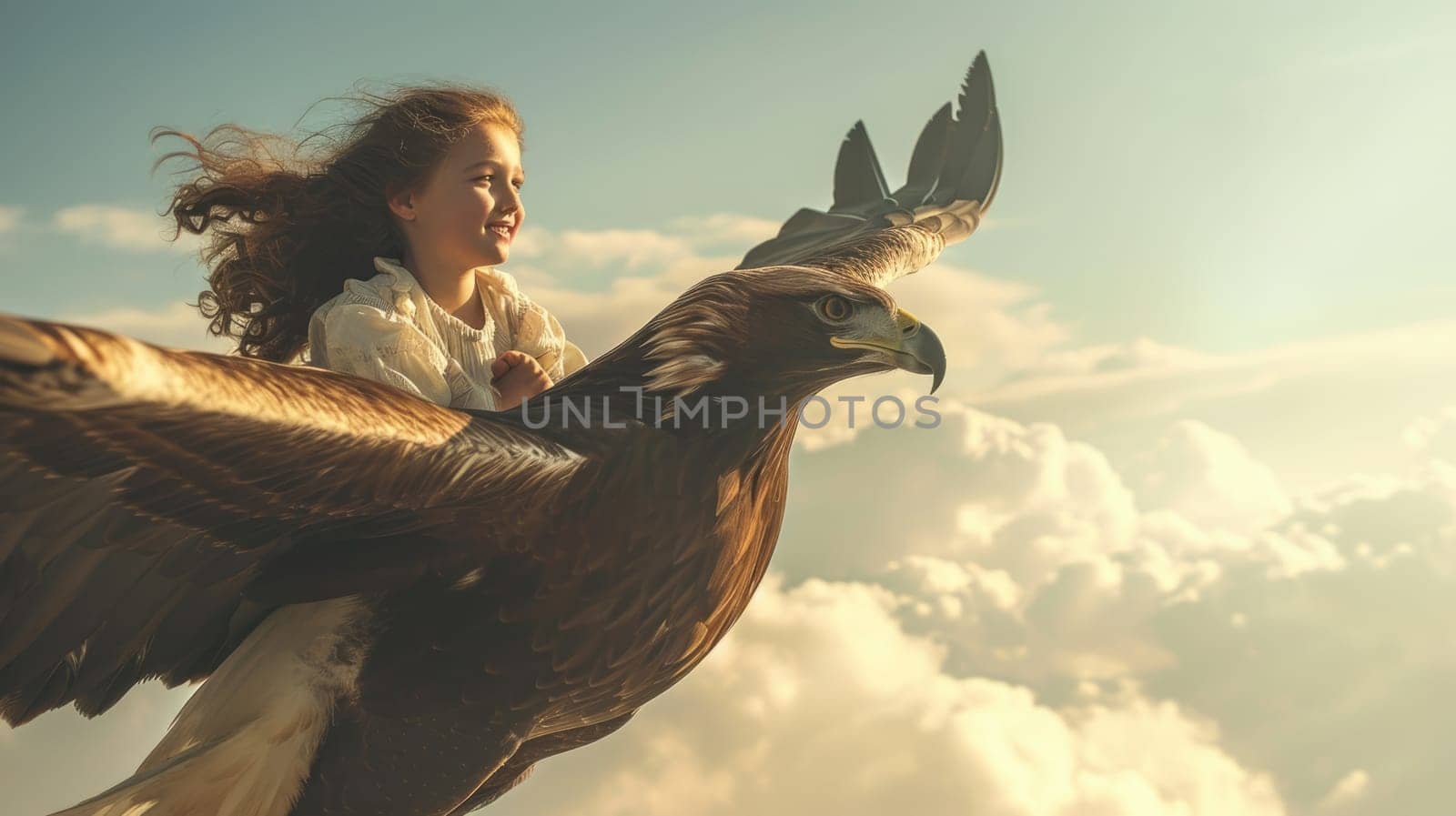 The side view of the picture that has the child flying into the bright sky with the flying object that has been called the eagle yet the size of the eagle so big when compare with the child. AIGX03.