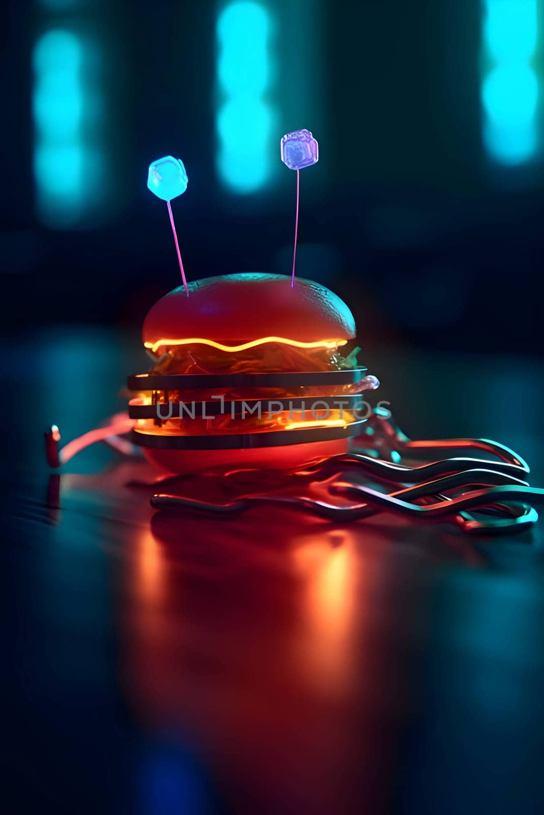 A futuristic neon hamburger illuminating the dark background, showcasing a modern twist on a classic favorite.