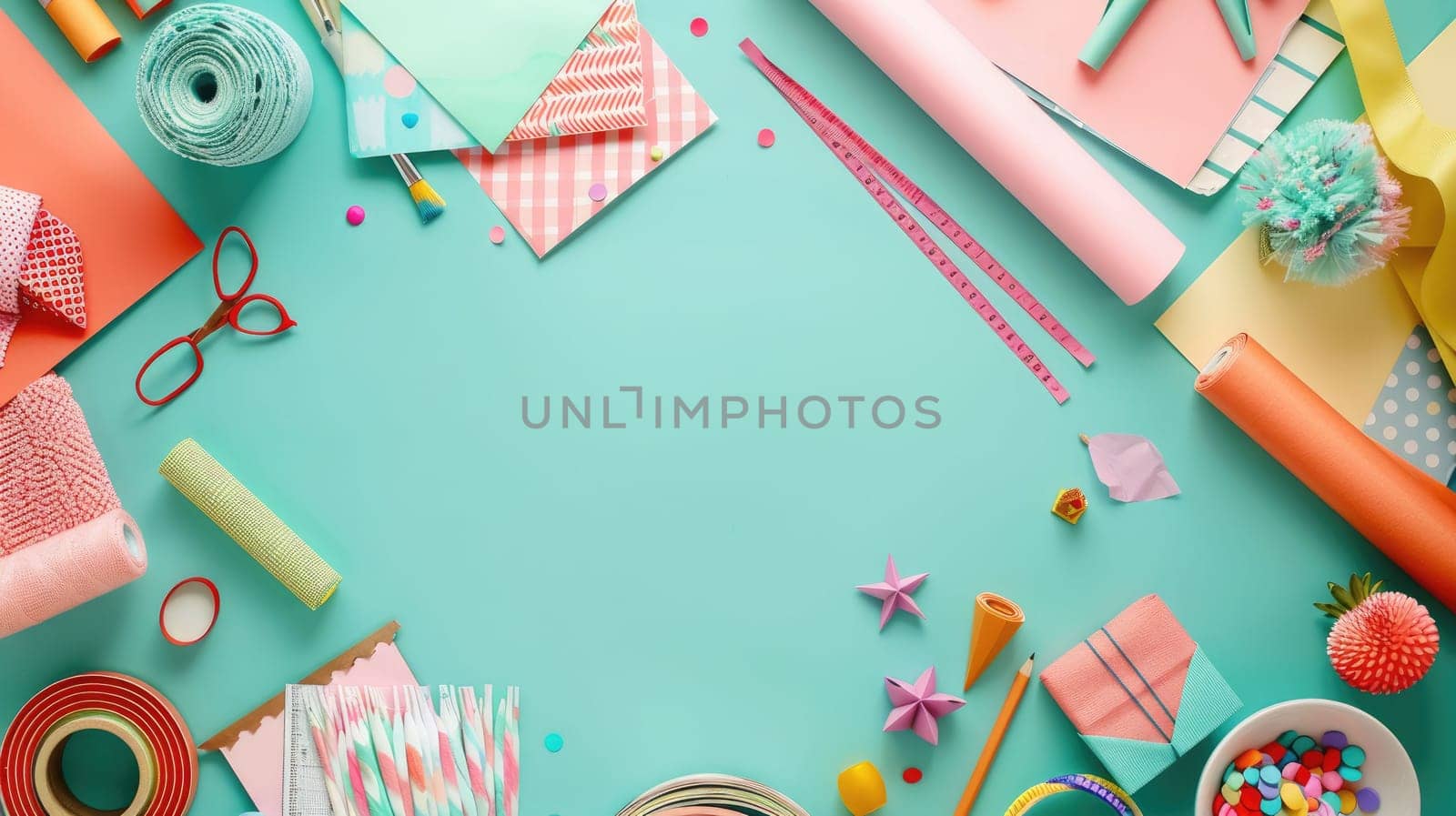 A table decorated with paper flowers, craft supplies, and colorful textiles in shades of green, azure, orange, yellow, and aqua. The vibrant electric blue patterns add an artistic touch AIG50