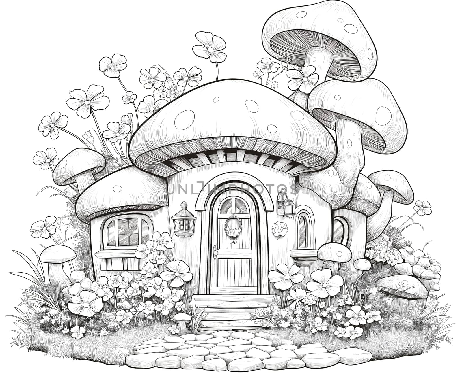 Black and white illustration for coloring fairy house, building. Selective soft focus.
