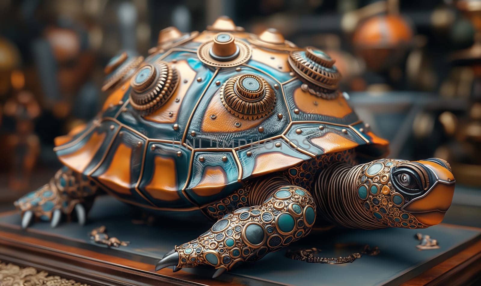 Mechanical turtle on an abstract background. Selective focus.