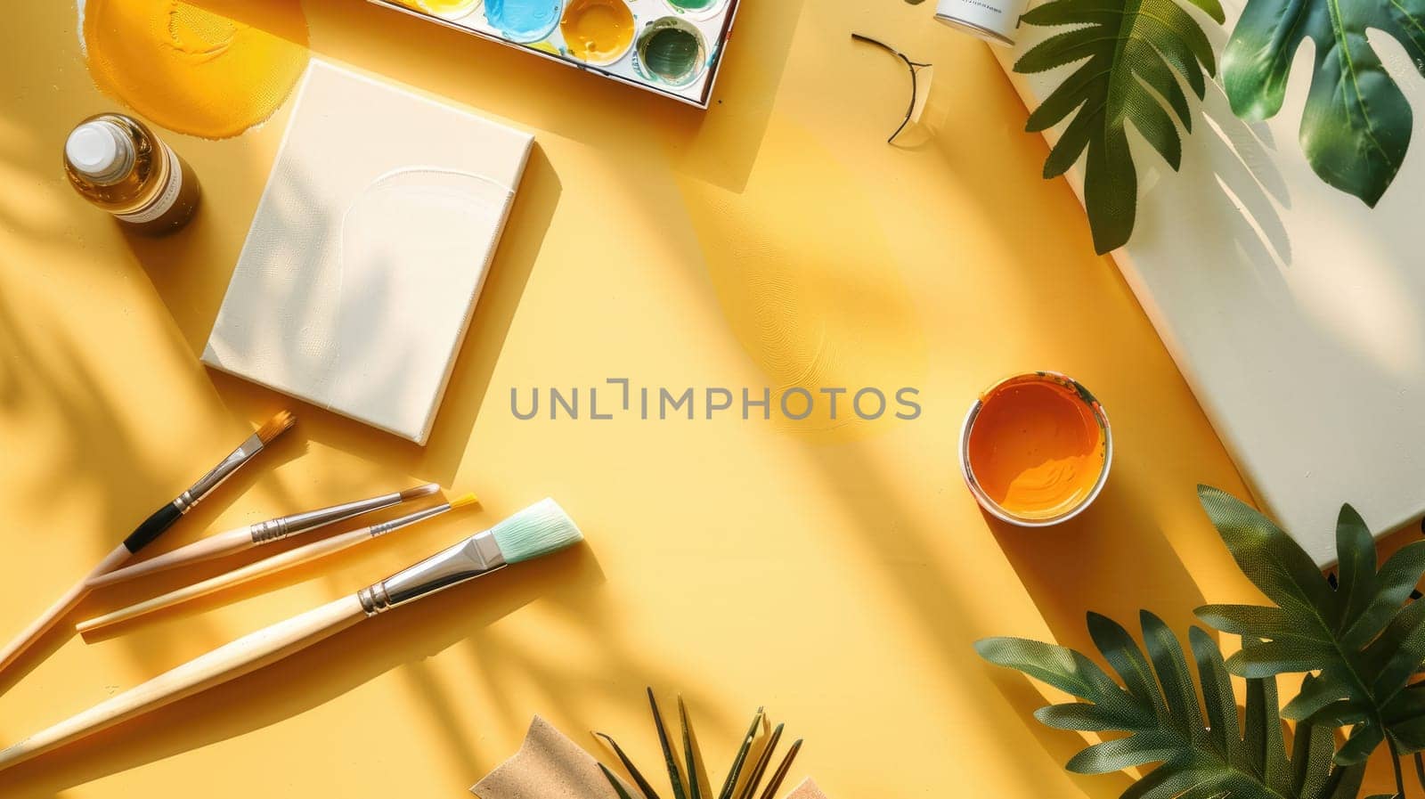 A closeup of an art event featuring a painting with brushes, orange paint, and a plant on a table, showcasing tints and shades in a beautiful pattern AIG50