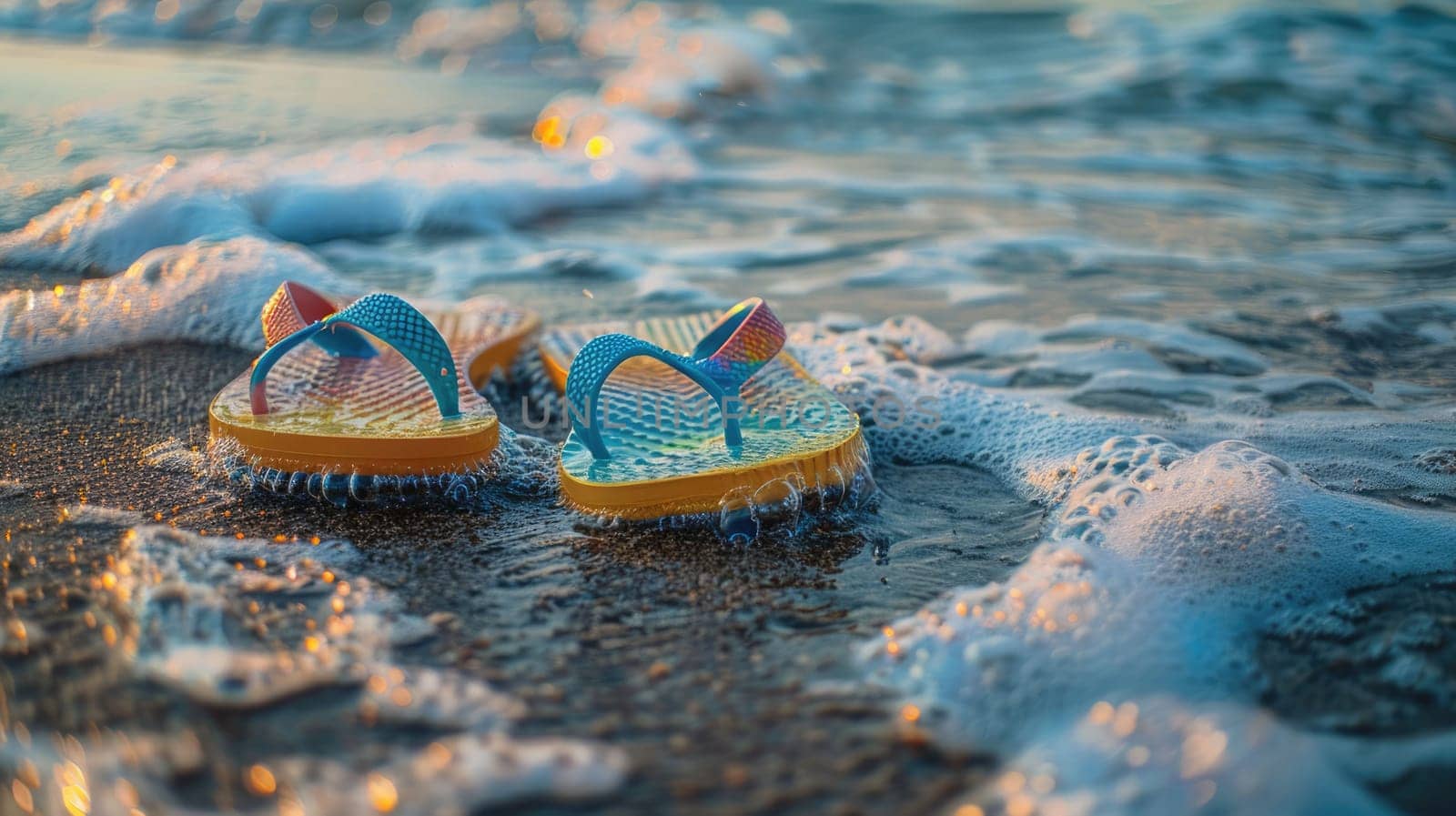 A pair of flip flops rests on the sandy beach, with waves crashing nearby. The tranquil scene is a perfect blend of water, wind, and natural landscape AIG50
