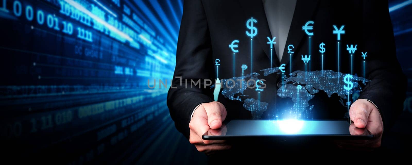 Business person innovates in currency exchange, blending finance with technology for smoother transactions. Elevates the money exchange experience, marking a new era in finance. FaaS