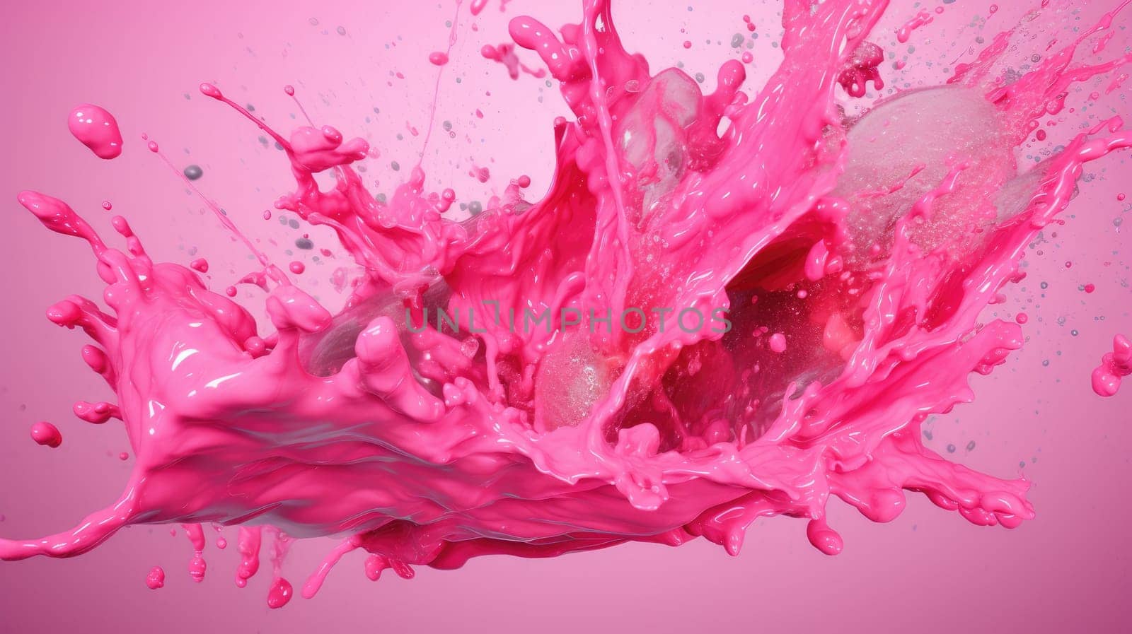 Fluid art explosion in pink and orange tones. Abstract artwork of explosion colored powder motion separated with pink background. Abstract and dynamic movement design concept. Copy space. AIG35.